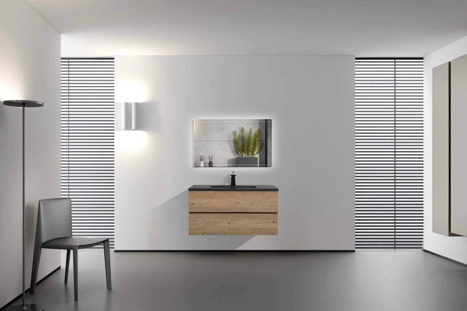 40" Rough Oak Wall Mount Bathroom Vanity with Black Engineered Quartz Countertop-Migration_Bathroom Vanities-DECOROLALA