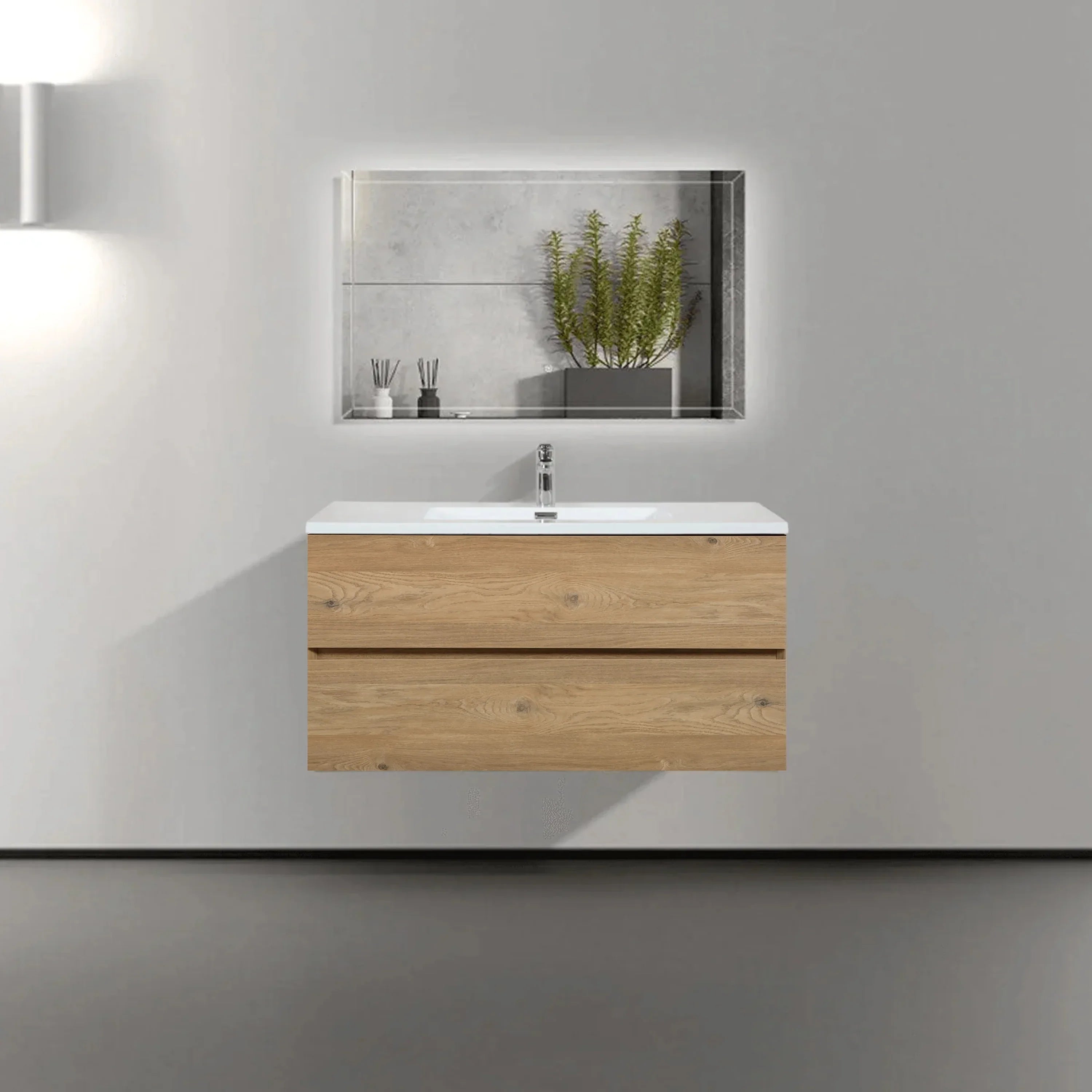 40" Rough Oak Wall Mount Single Sink Bathroom Vanity with White Polymarble Countertop-Migration_Bathroom Vanities-DECOROLALA