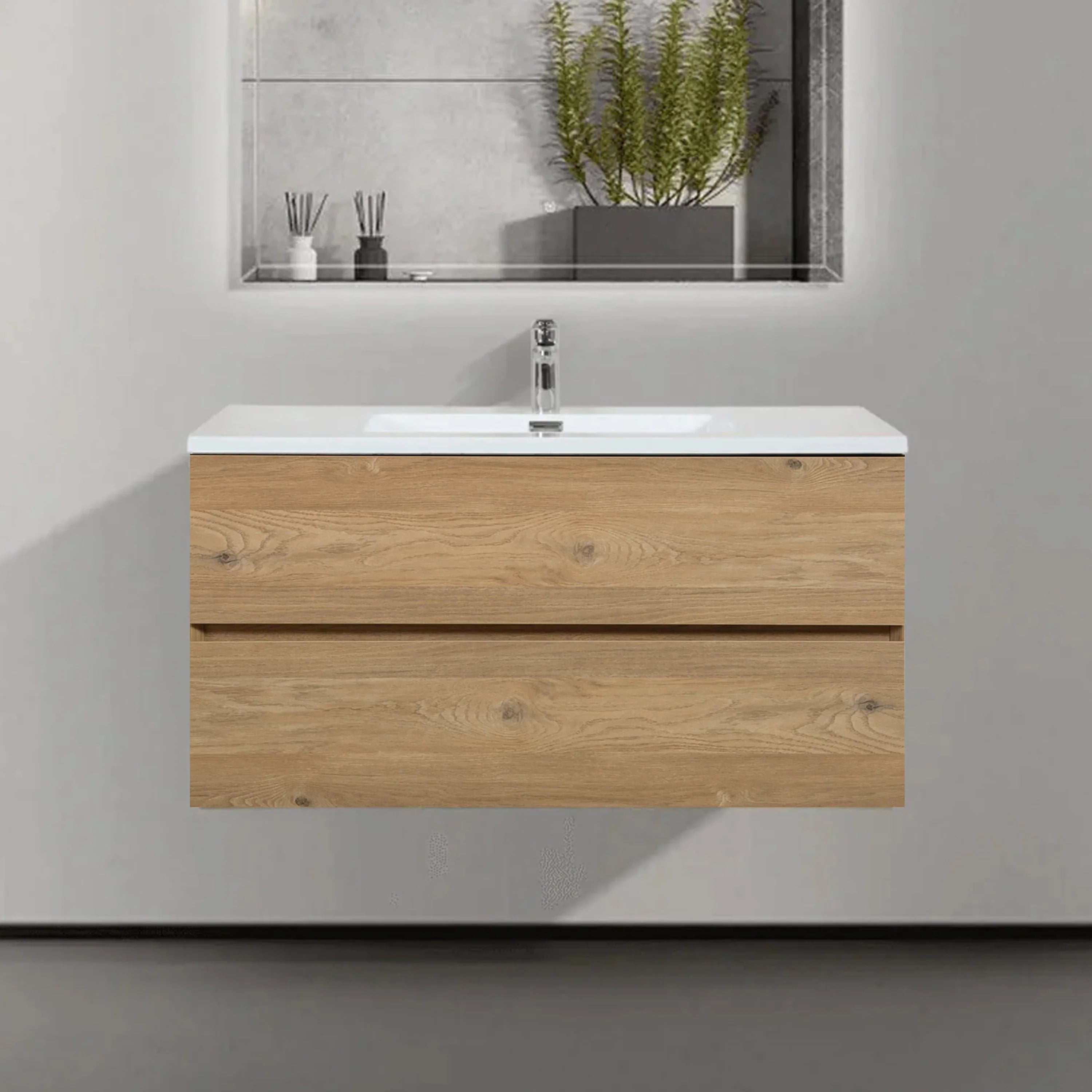 40" Rough Oak Wall Mount Single Sink Bathroom Vanity with White Polymarble Countertop-Migration_Bathroom Vanities-DECOROLALA