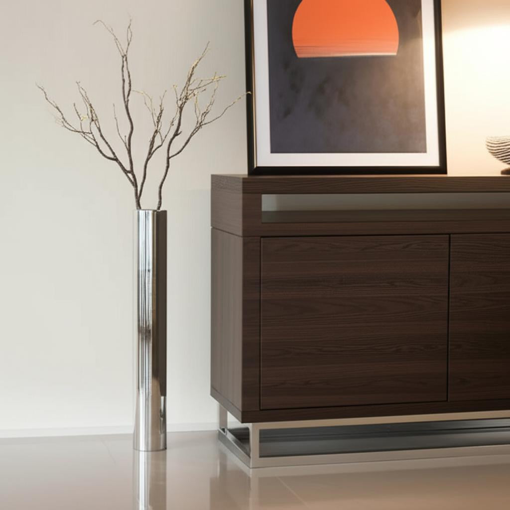 40" Silver Aluminum Cylindrical Floor Vase-Vases-DECOROLALA