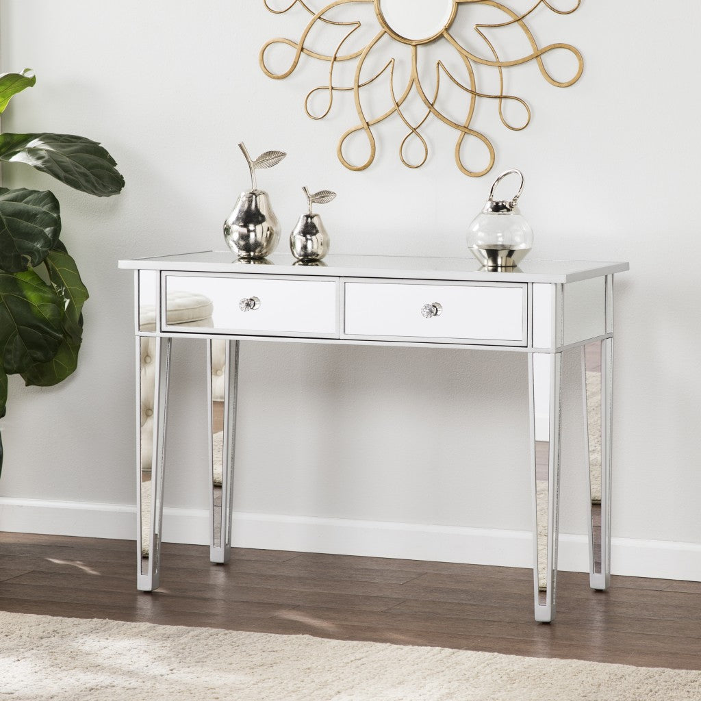 40" Silver Mirrored Glass Console Table And Drawers-Console Tables-DECOROLALA