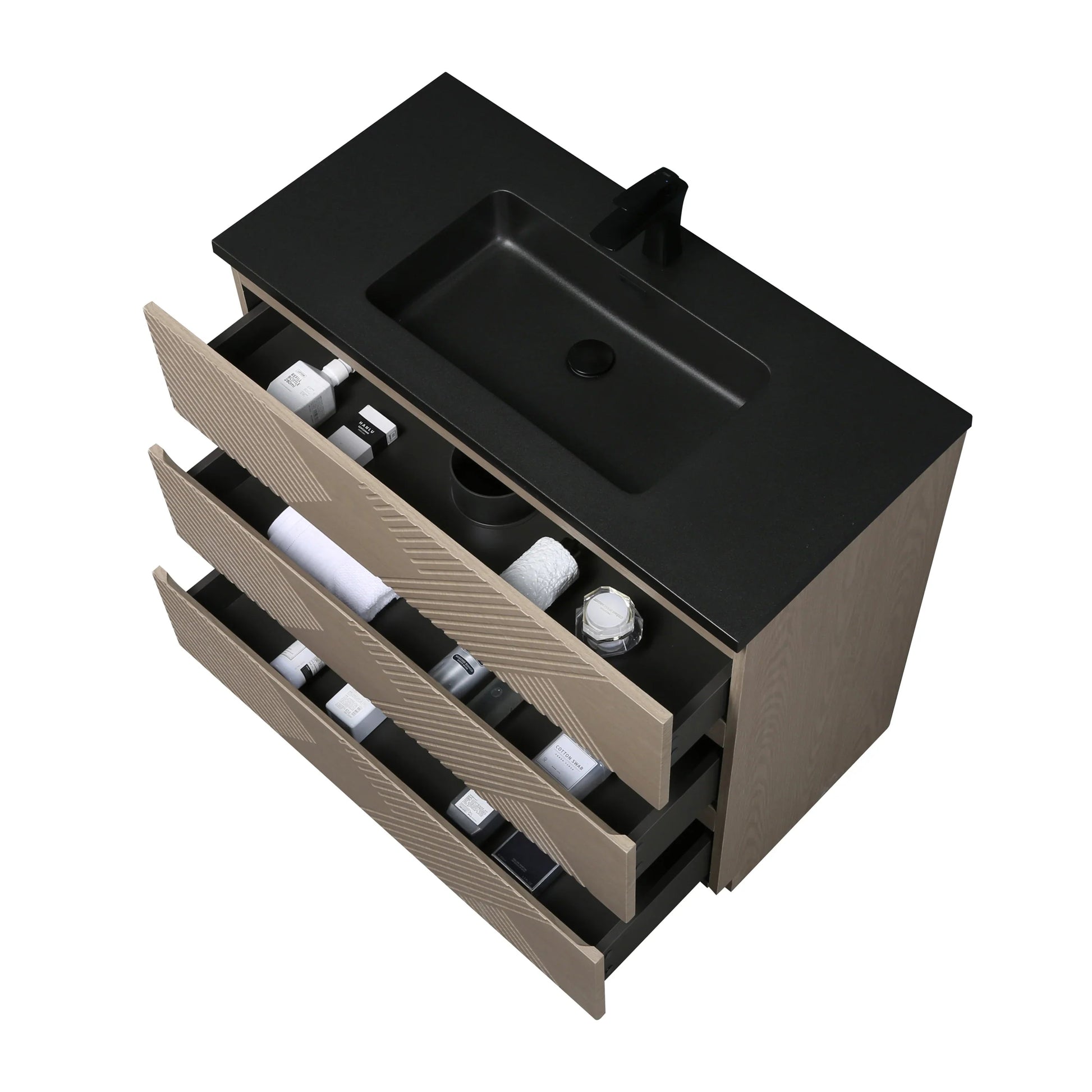 40" Taupe Oak Freestanding Vanity with Black Engineered Quartz Countertop-Migration_Bathroom Vanities-DECOROLALA