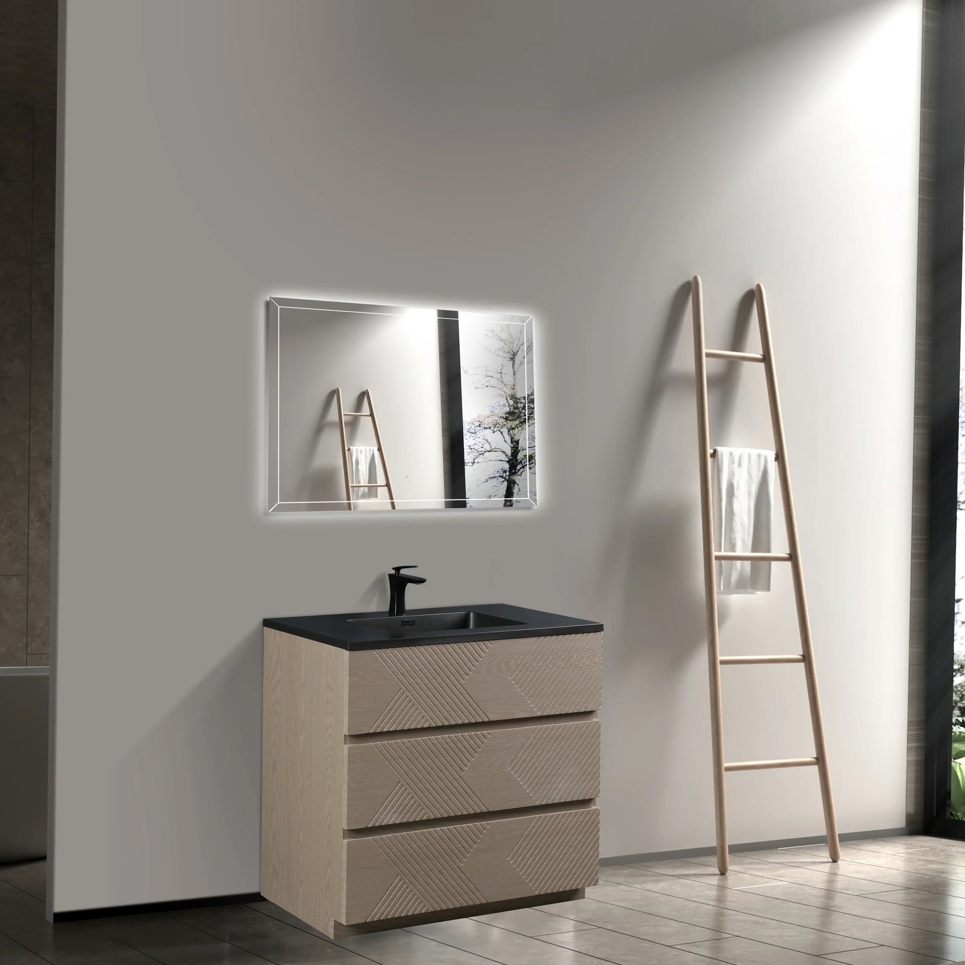 40" Taupe Oak Freestanding Vanity with Black Engineered Quartz Countertop-Migration_Bathroom Vanities-DECOROLALA