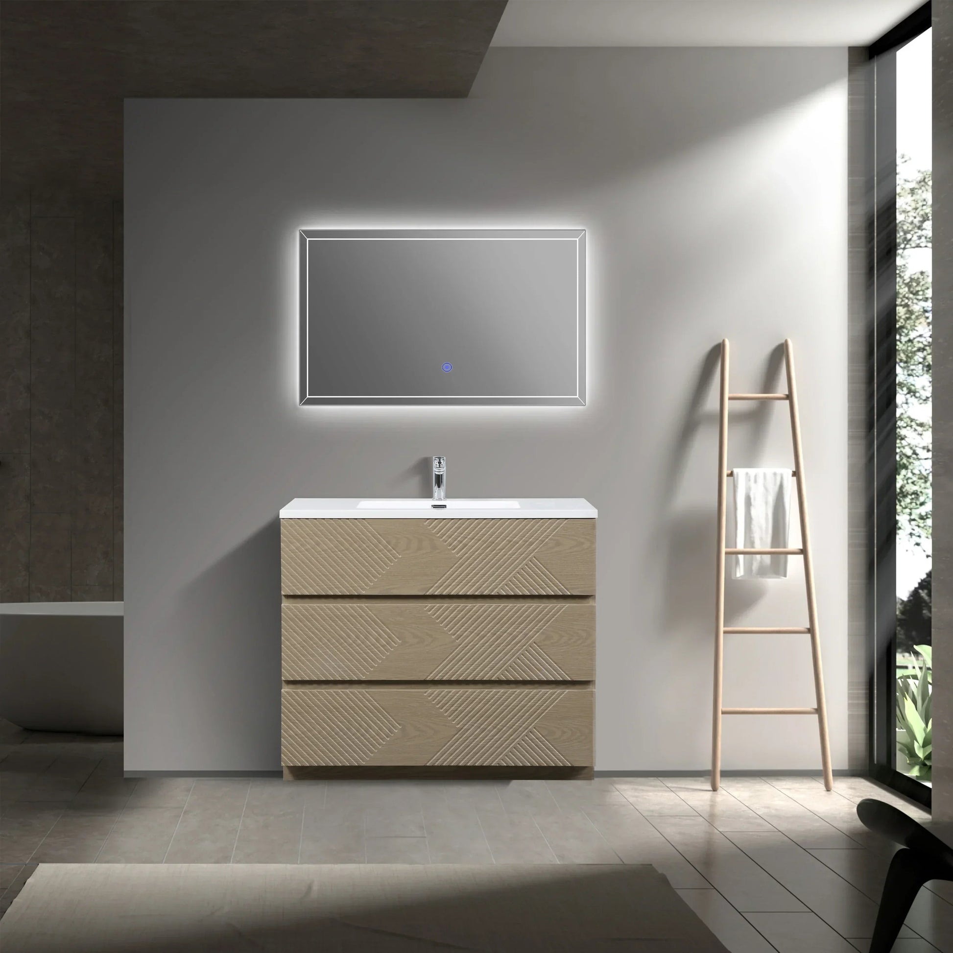 40" Taupe Oak Freestanding Vanity with White Polymarble Countertop-Migration_Bathroom Vanities-DECOROLALA