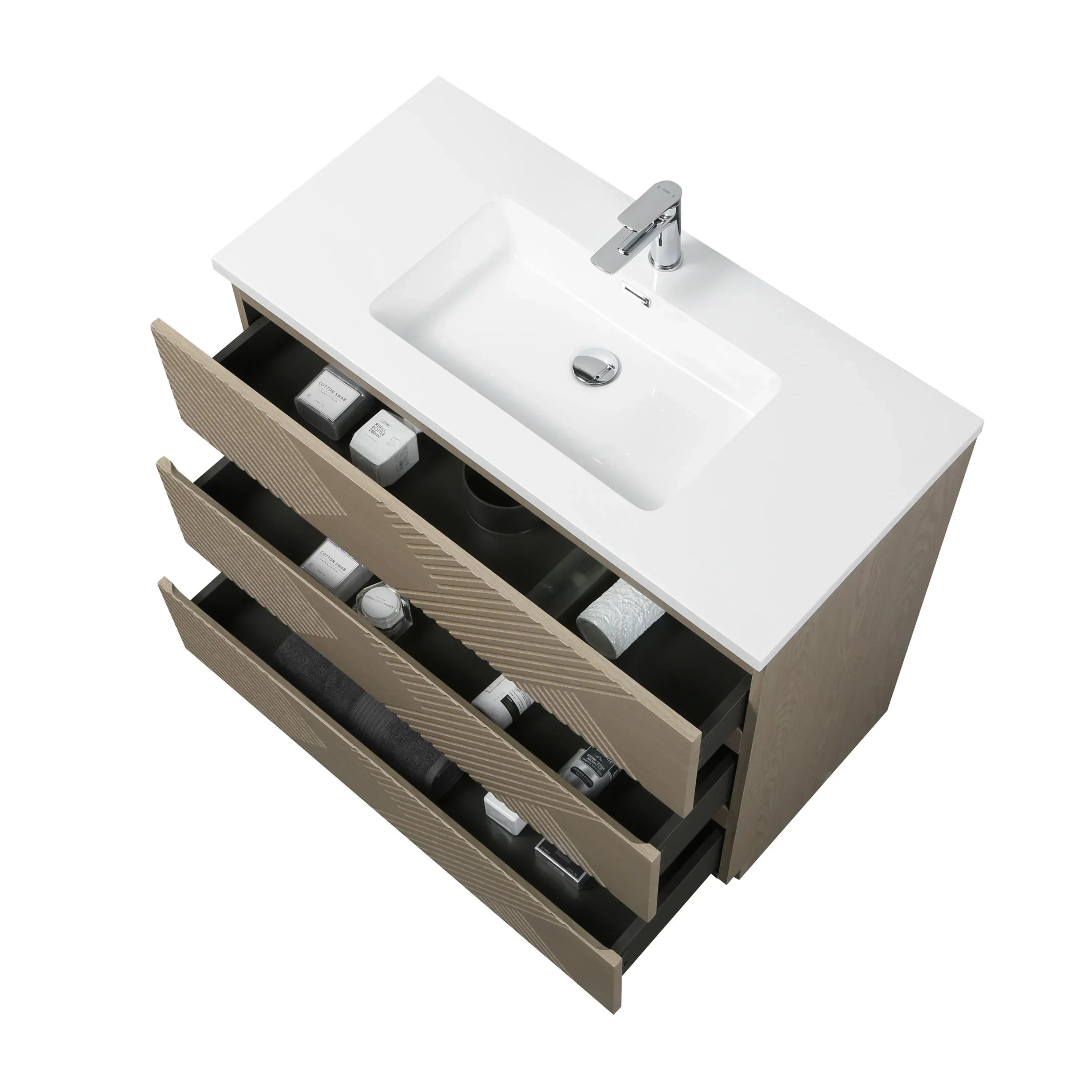 40" Taupe Oak Freestanding Vanity with White Polymarble Countertop-Migration_Bathroom Vanities-DECOROLALA