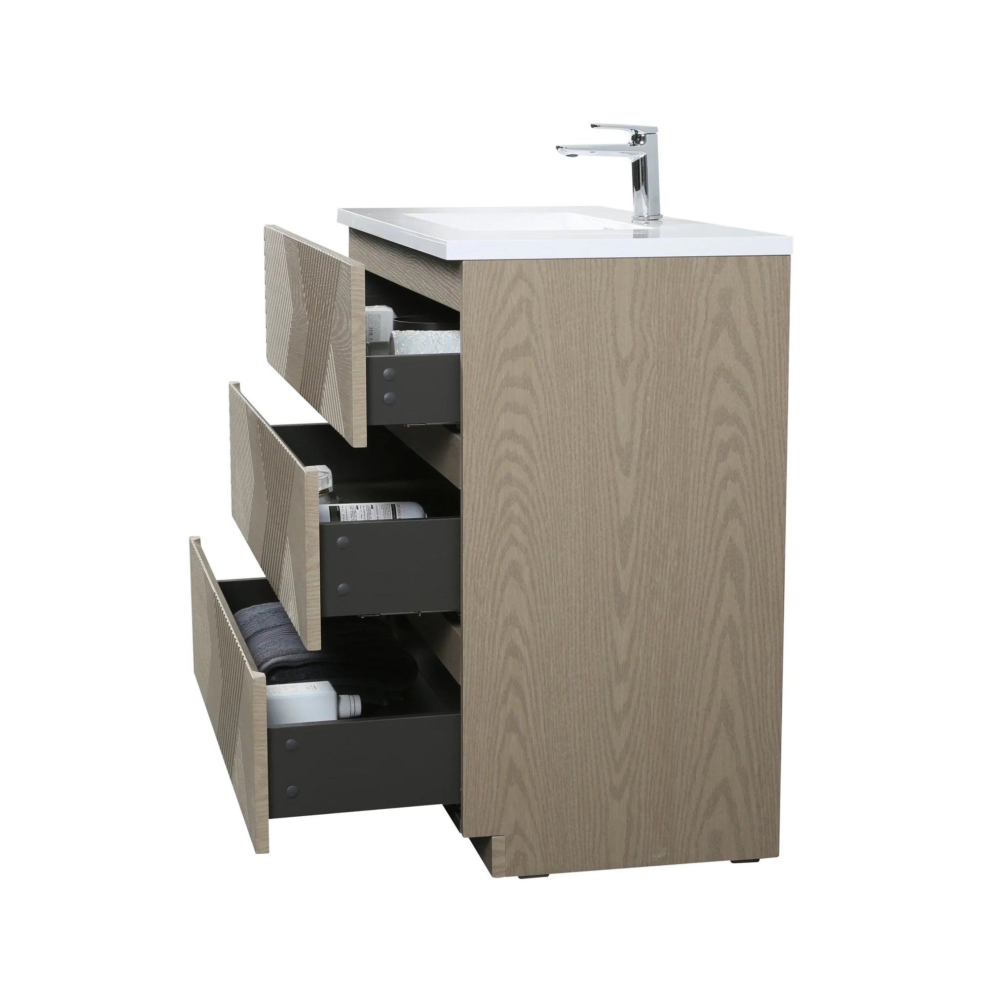 40" Taupe Oak Freestanding Vanity with White Polymarble Countertop-Migration_Bathroom Vanities-DECOROLALA