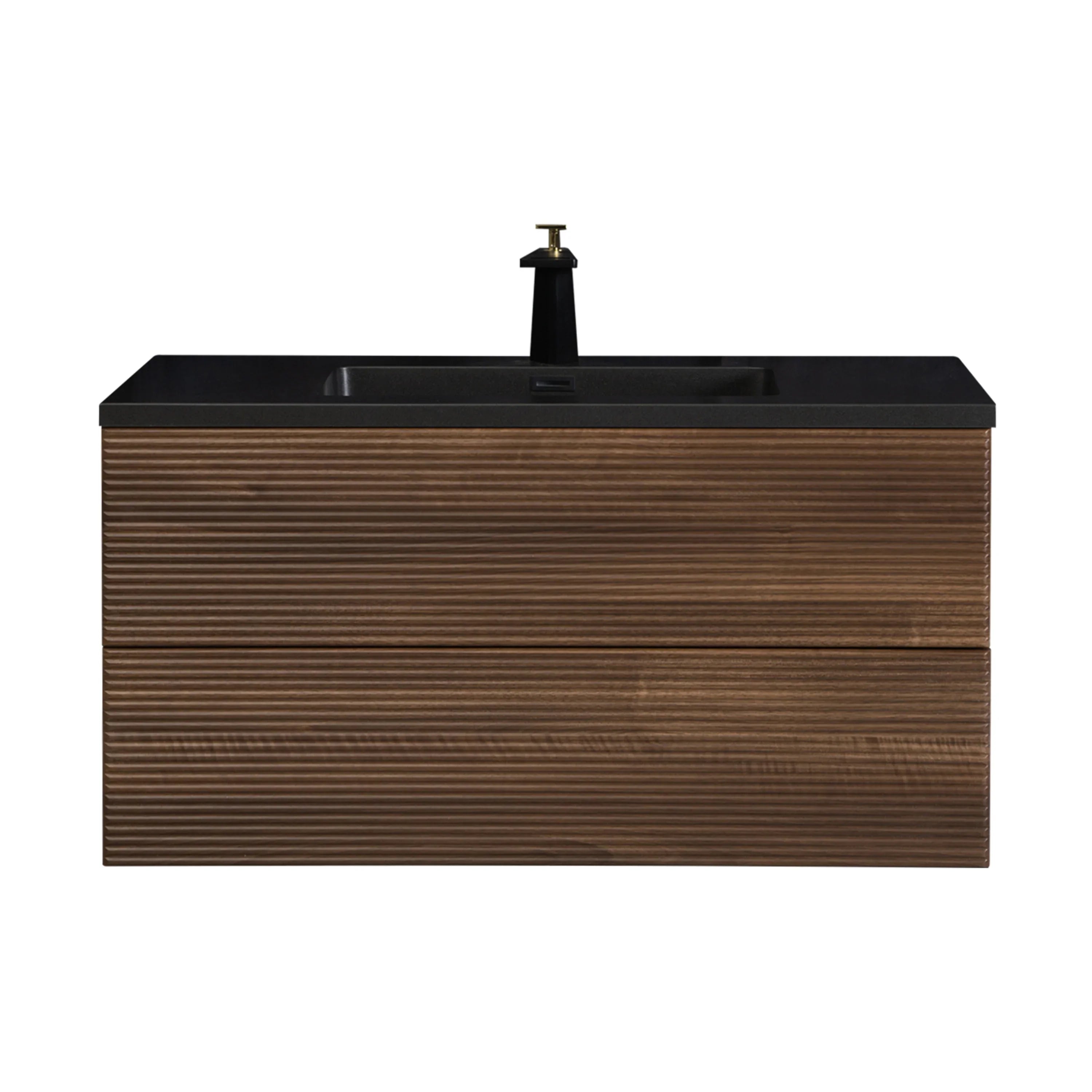 40" Walnut Wall Mount Bathroom Vanity with Black Engineered Quartz Countertop