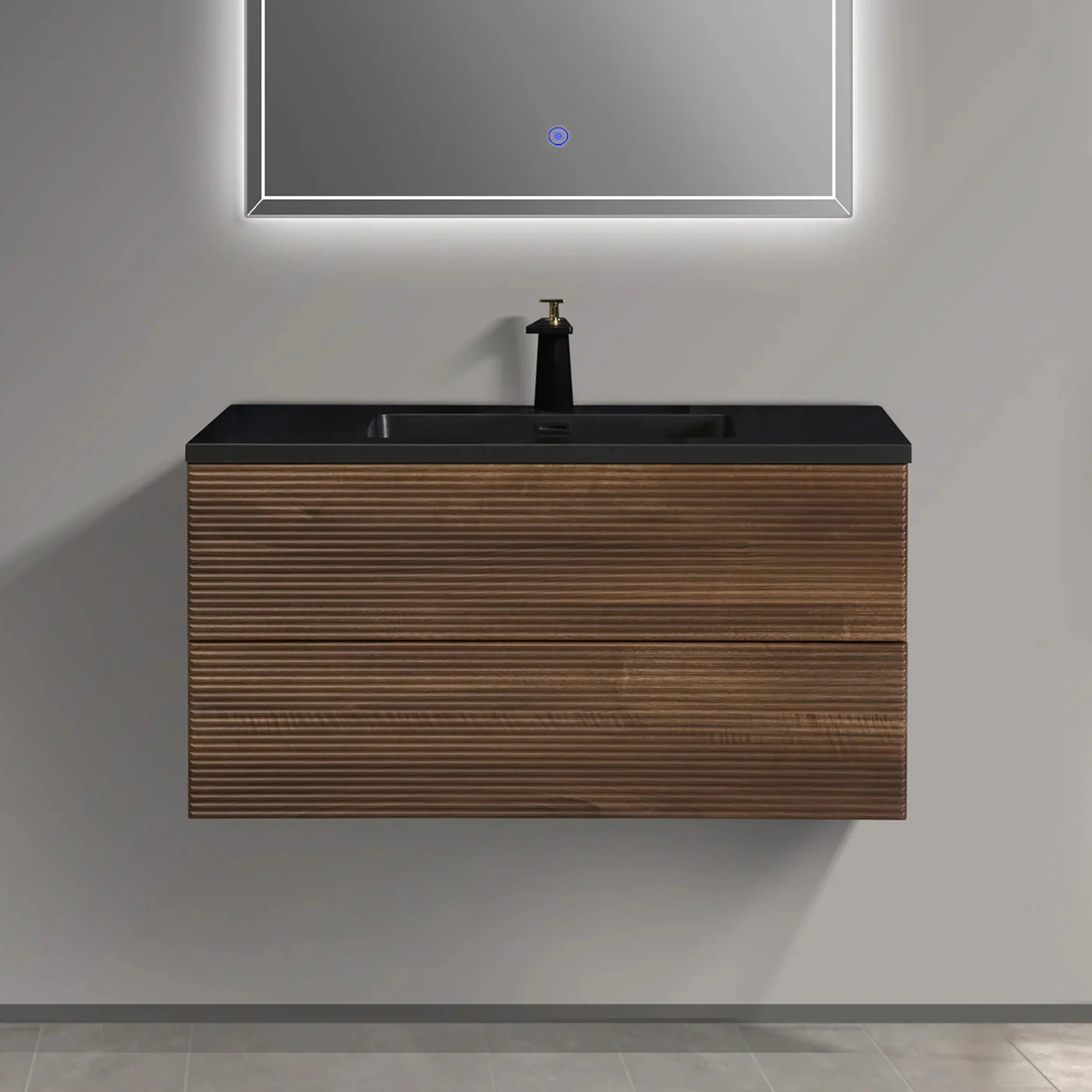 40" Walnut Wall Mount Bathroom Vanity with Black Engineered Quartz Countertop