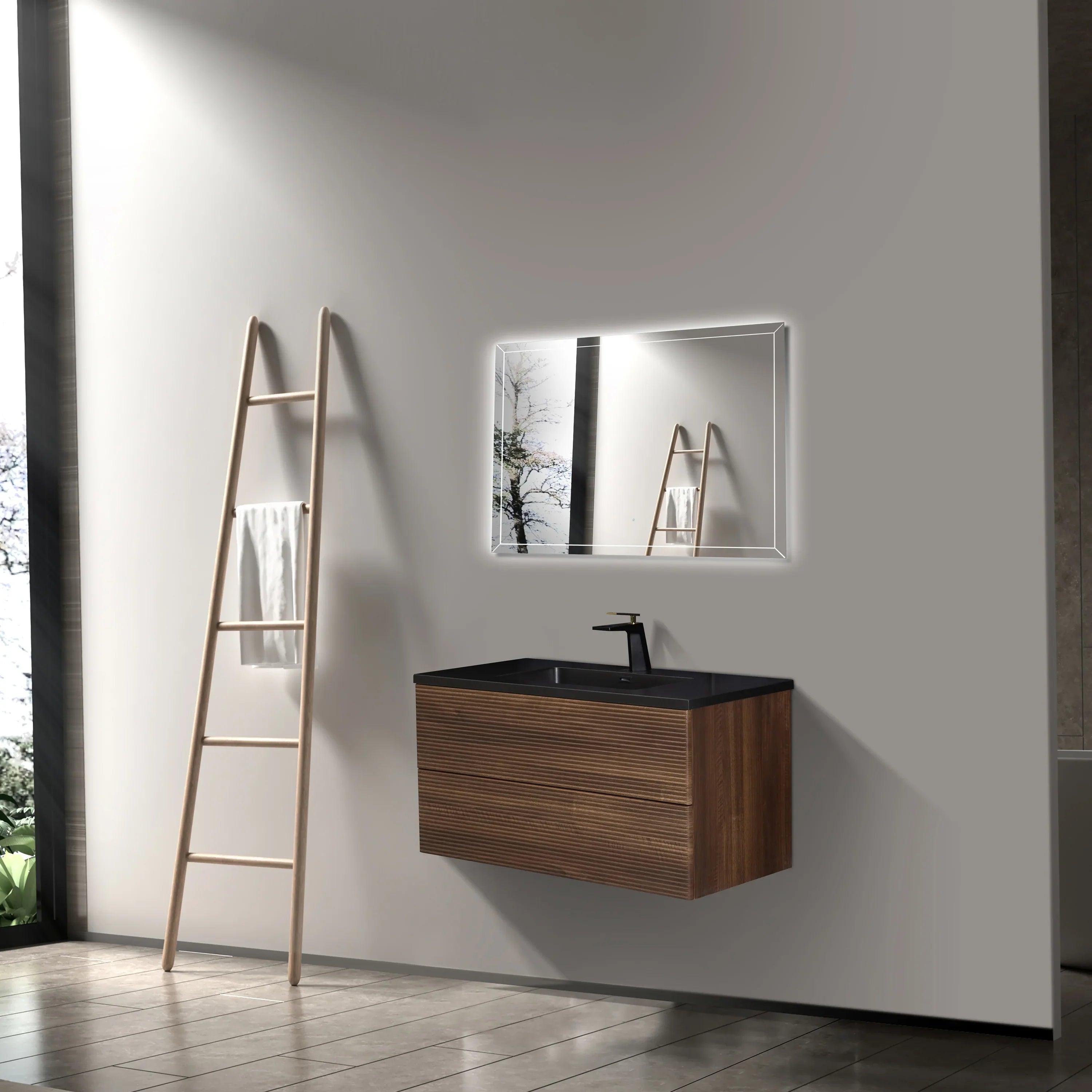 40" Walnut Wall Mount Bathroom Vanity with Black Engineered Quartz Countertop