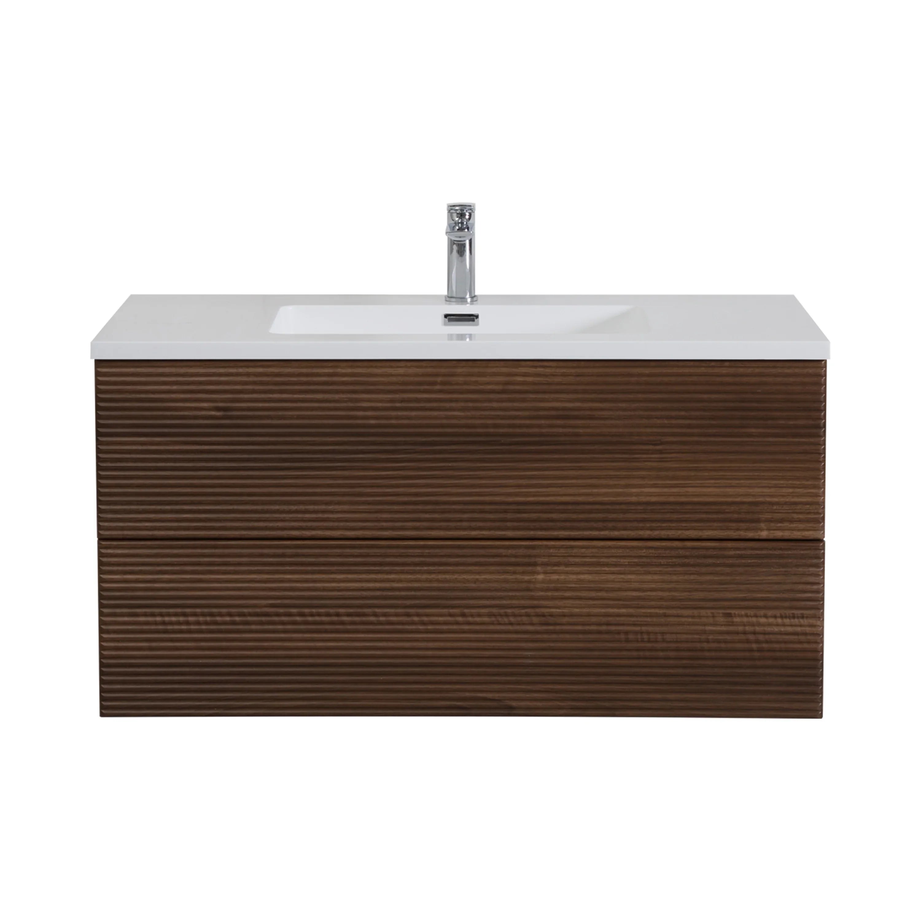 40" Walnut Wall Mount Bathroom Vanity with White Polymarble Countertop