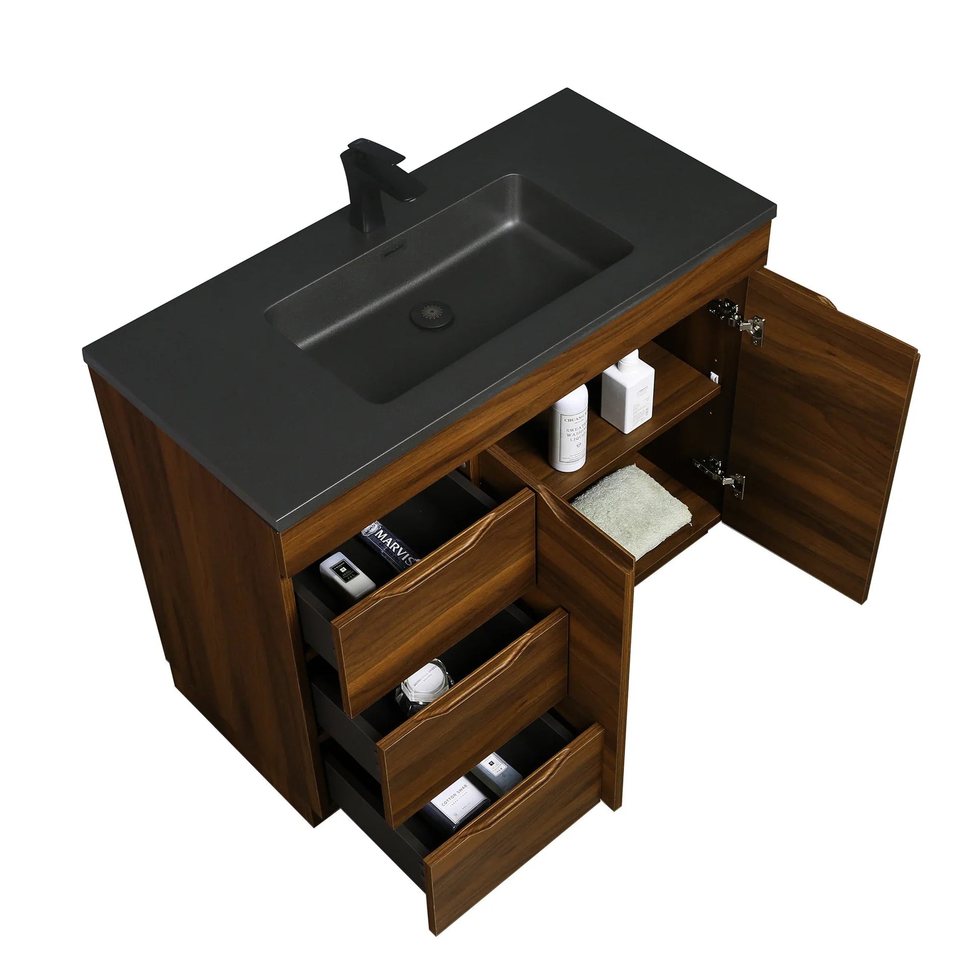 40" Walnut Freestanding Bathroom Vanity with Black Engineered Quartz Countertop-Migration_Bathroom Vanities-DECOROLALA