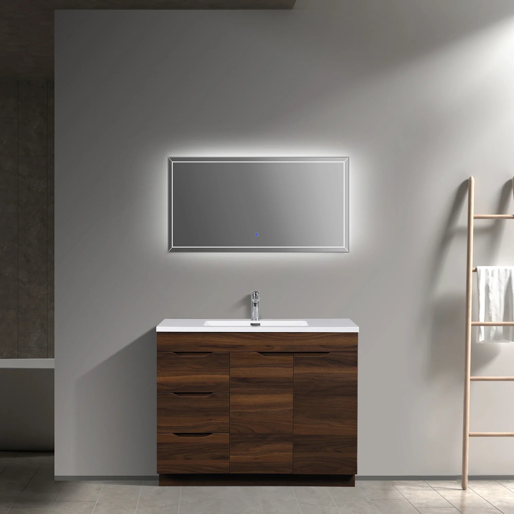 40" Walnut Freestanding Bathroom Vanity with White Polymarble Countertop-Migration_Bathroom Vanities-DECOROLALA