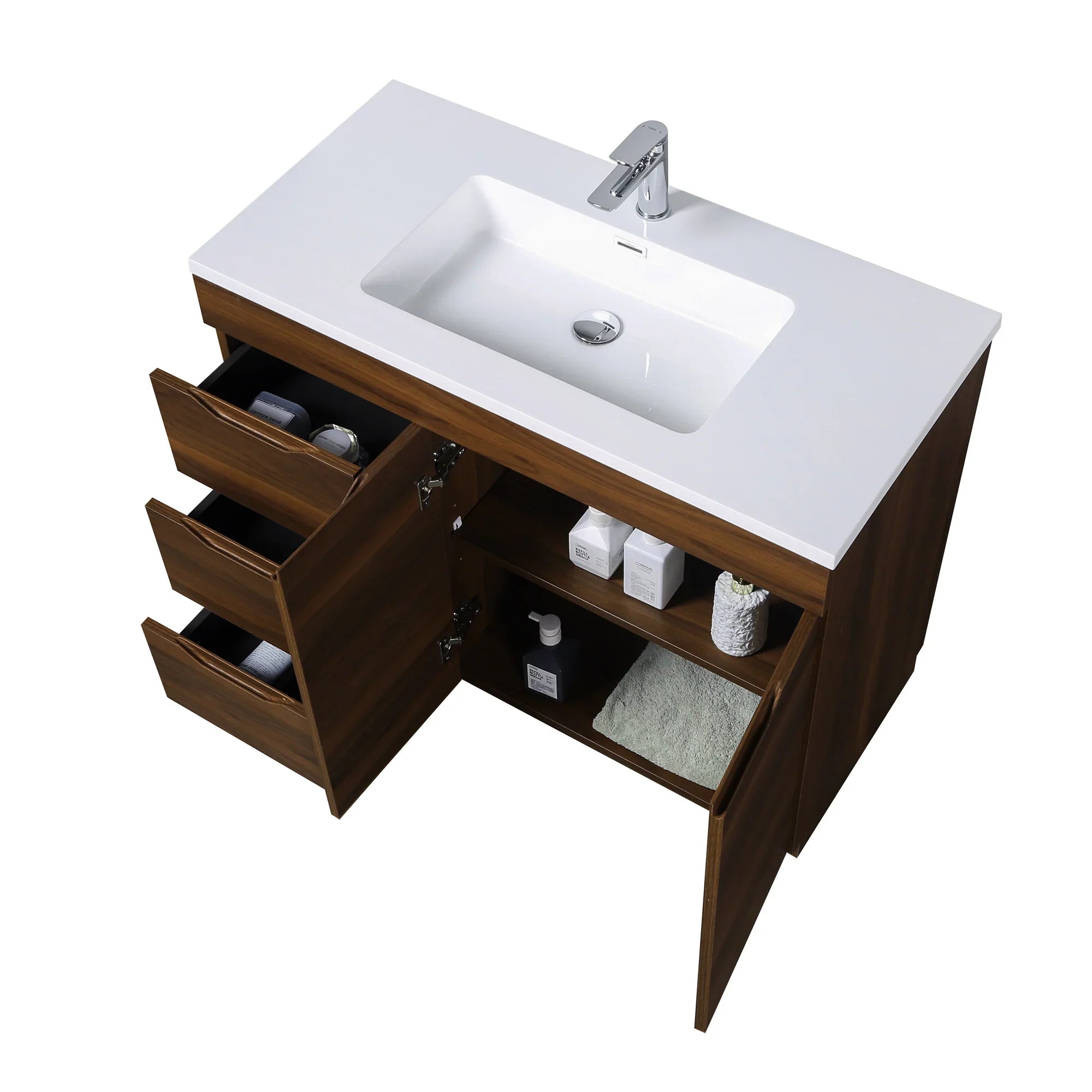 40" Walnut Freestanding Bathroom Vanity with White Polymarble Countertop-Migration_Bathroom Vanities-DECOROLALA