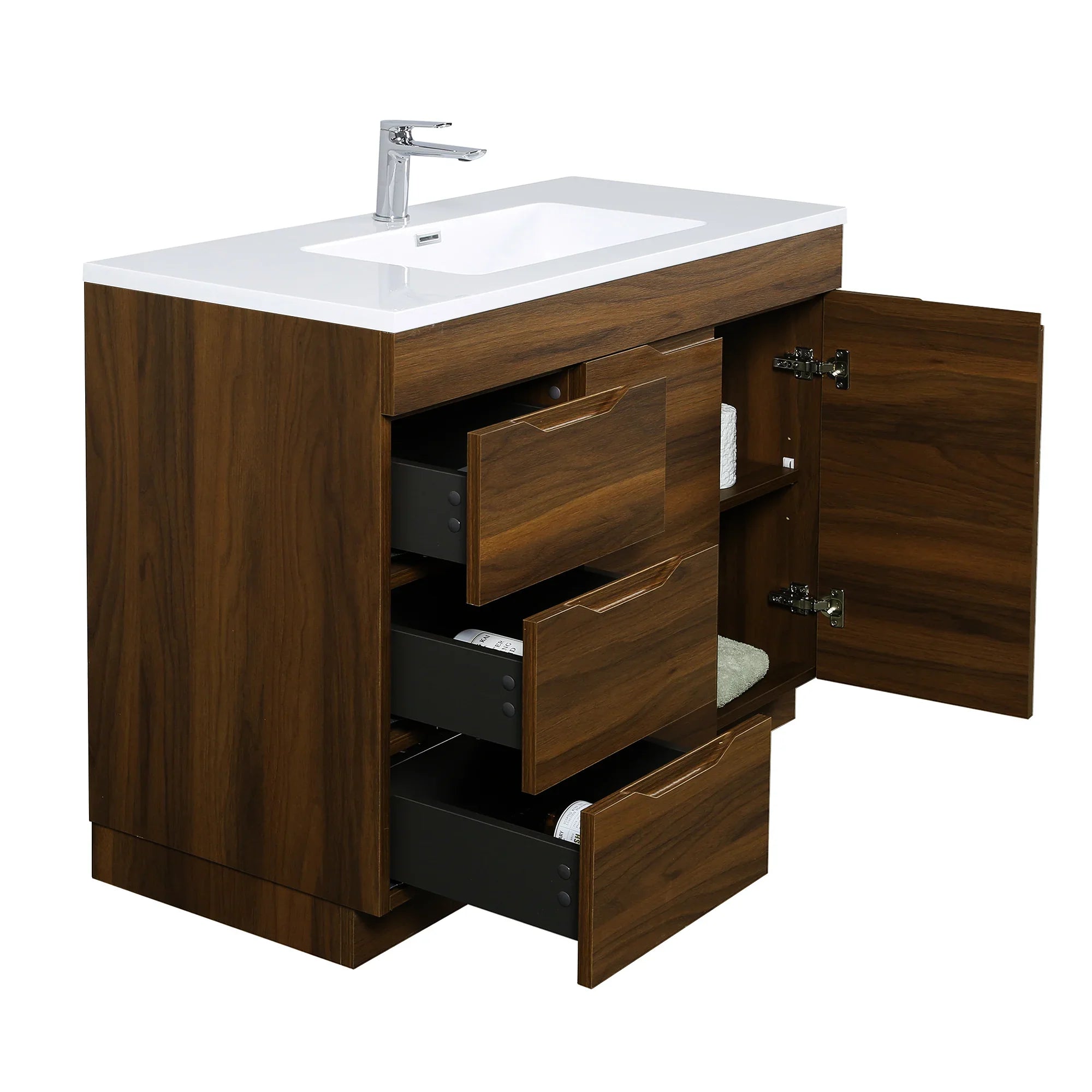 40" Walnut Freestanding Bathroom Vanity with White Polymarble Countertop-Migration_Bathroom Vanities-DECOROLALA