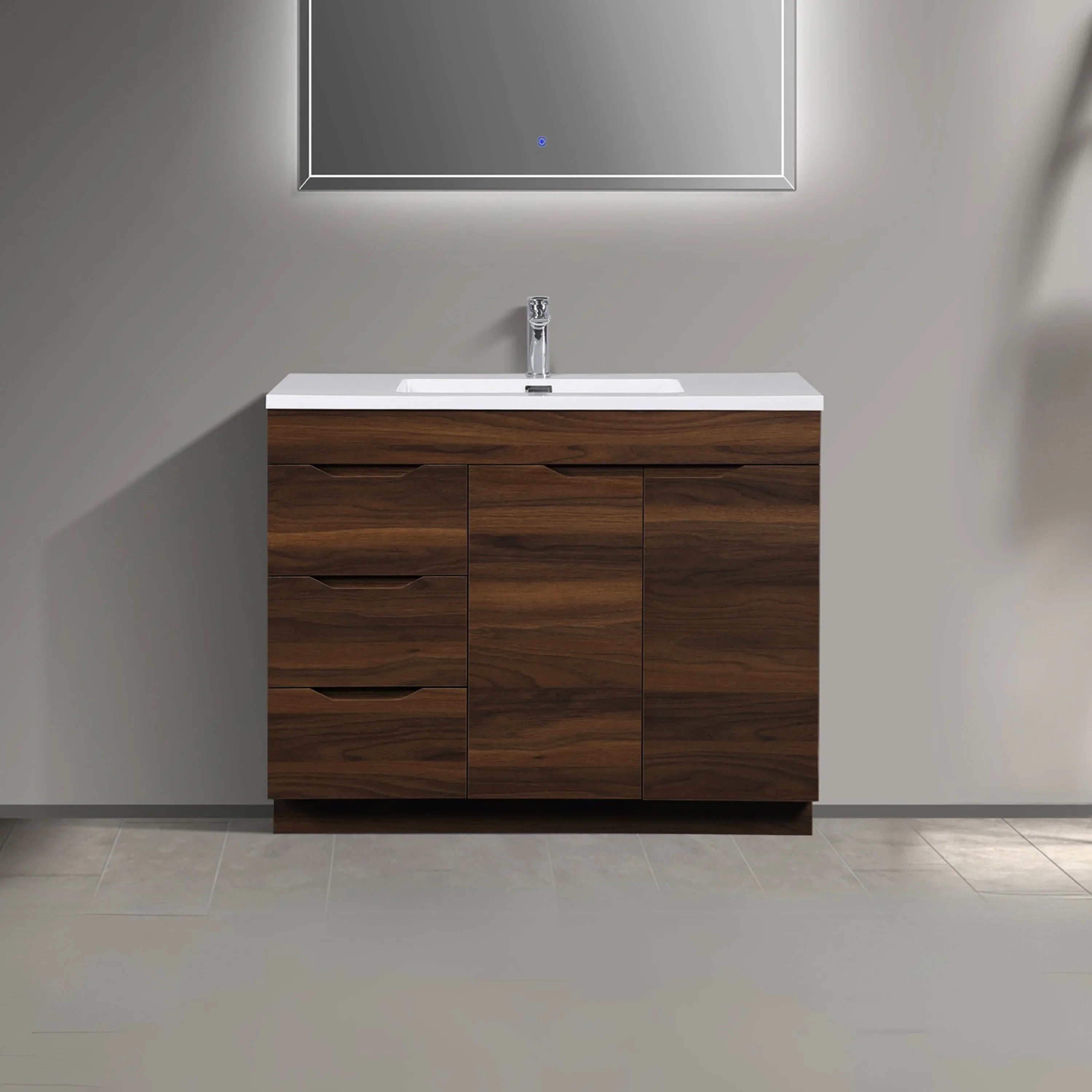 40" Walnut Freestanding Bathroom Vanity with White Polymarble Countertop-Migration_Bathroom Vanities-DECOROLALA