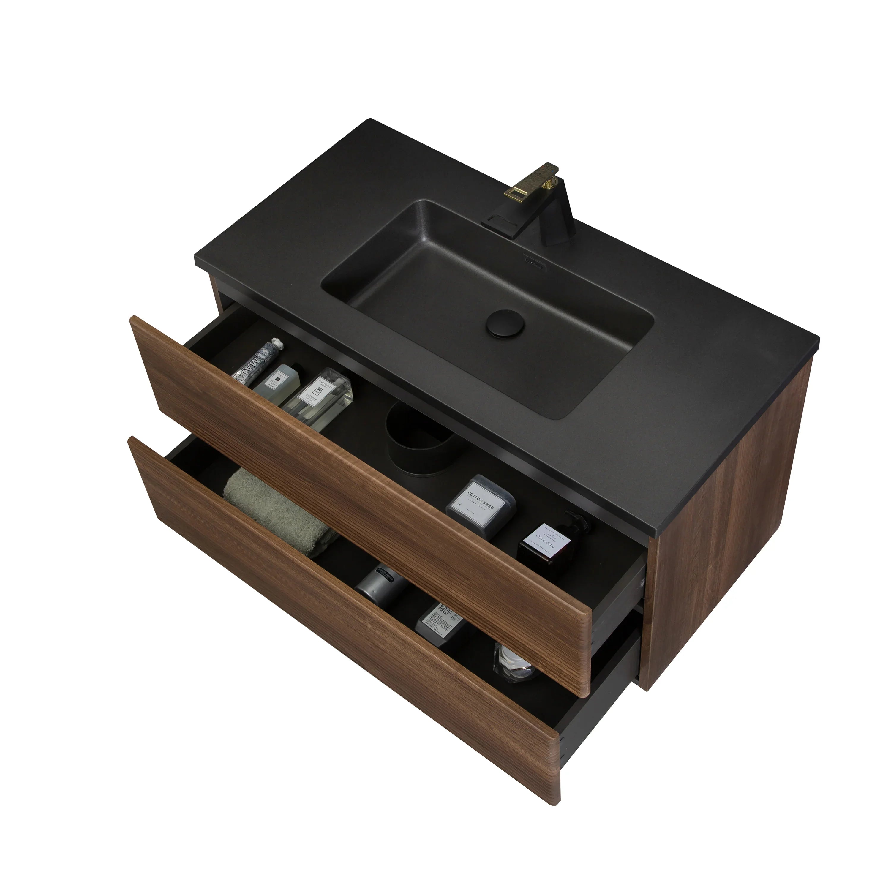 40" Walnut Wall Mount Bathroom Vanity with Black Engineered Quartz Countertop-Migration_Bathroom Vanities-DECOROLALA