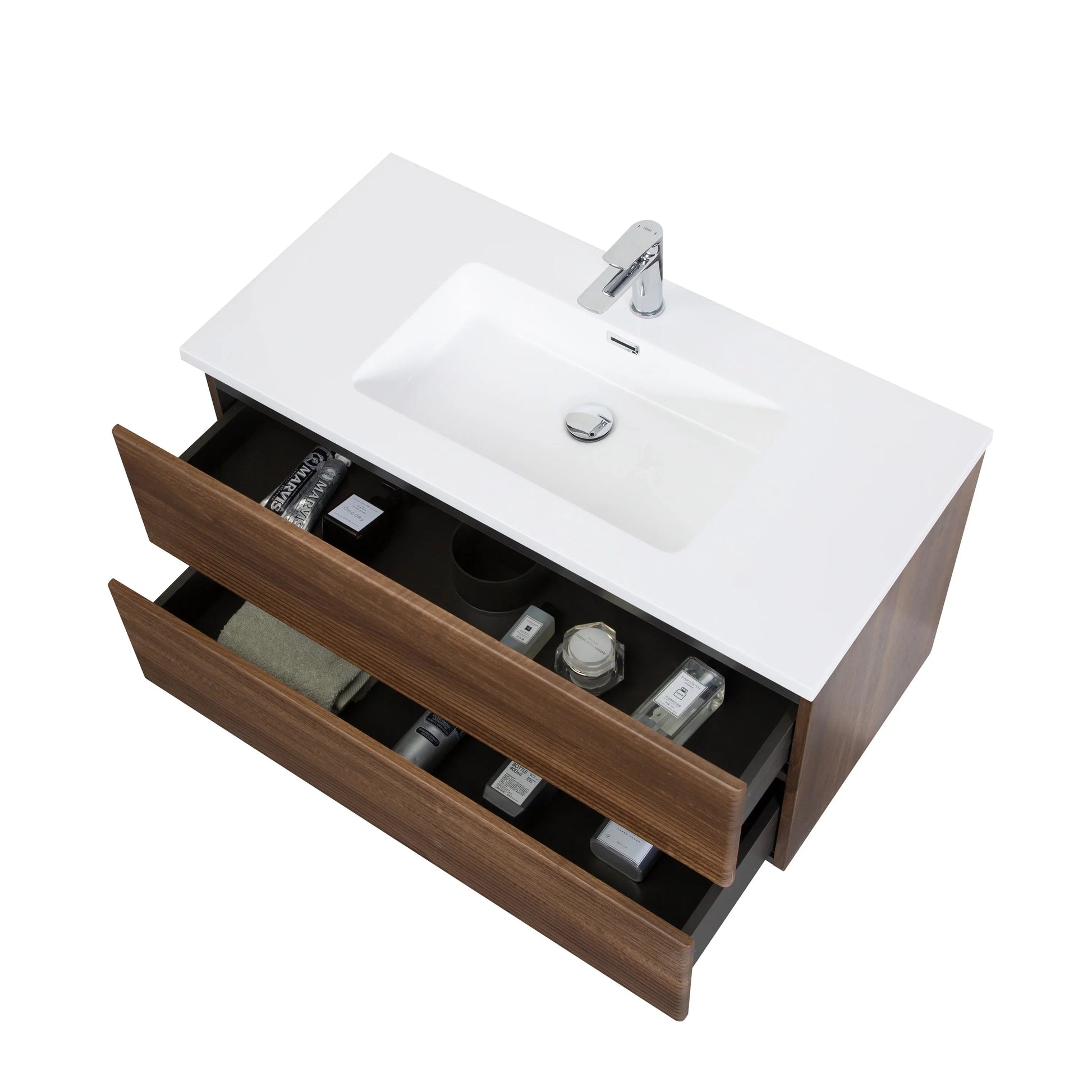 40" Walnut Wall Mount Bathroom Vanity with White Polymarble Countertop-Migration_Bathroom Vanities-DECOROLALA