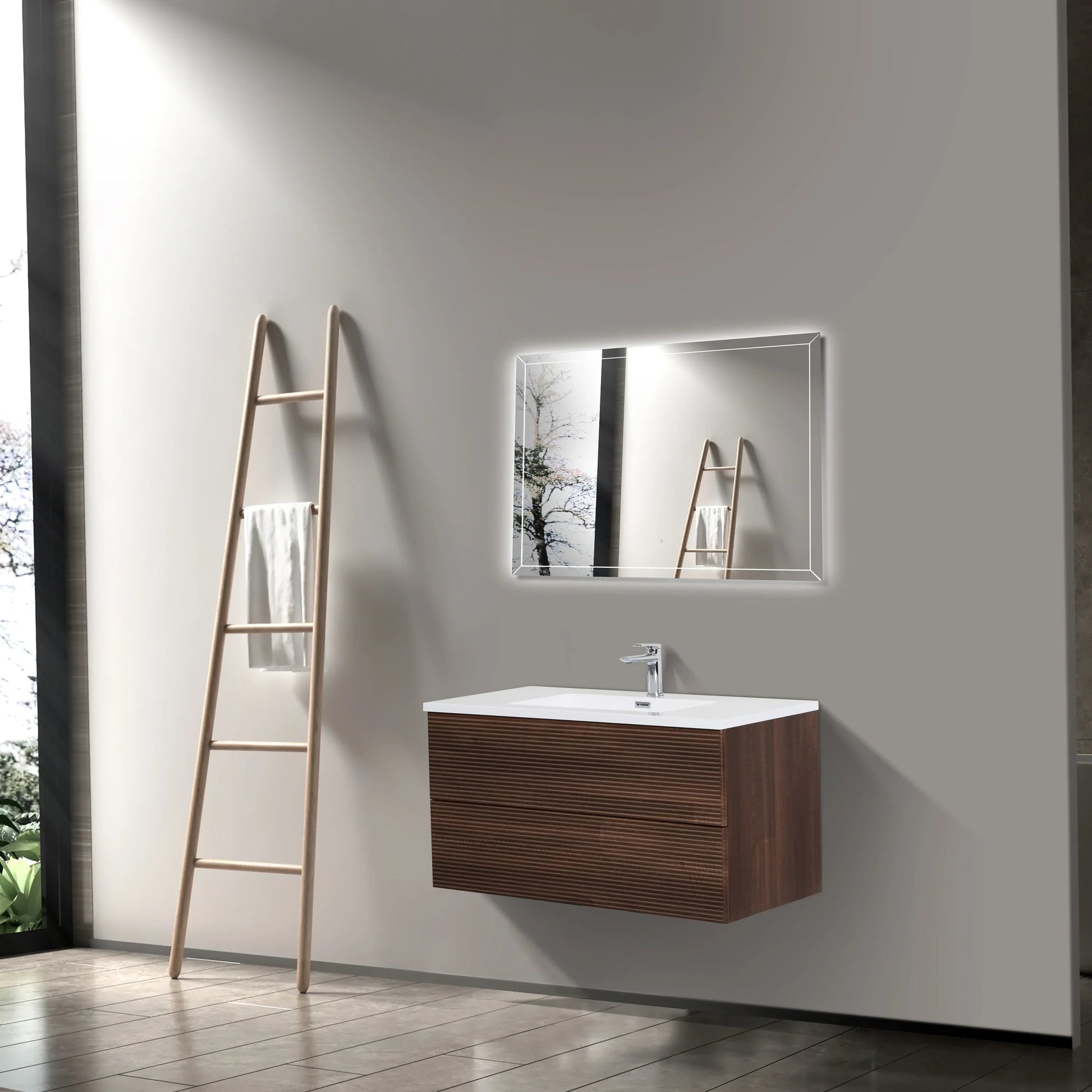 40" Walnut Wall Mount Bathroom Vanity with White Polymarble Countertop-Migration_Bathroom Vanities-DECOROLALA