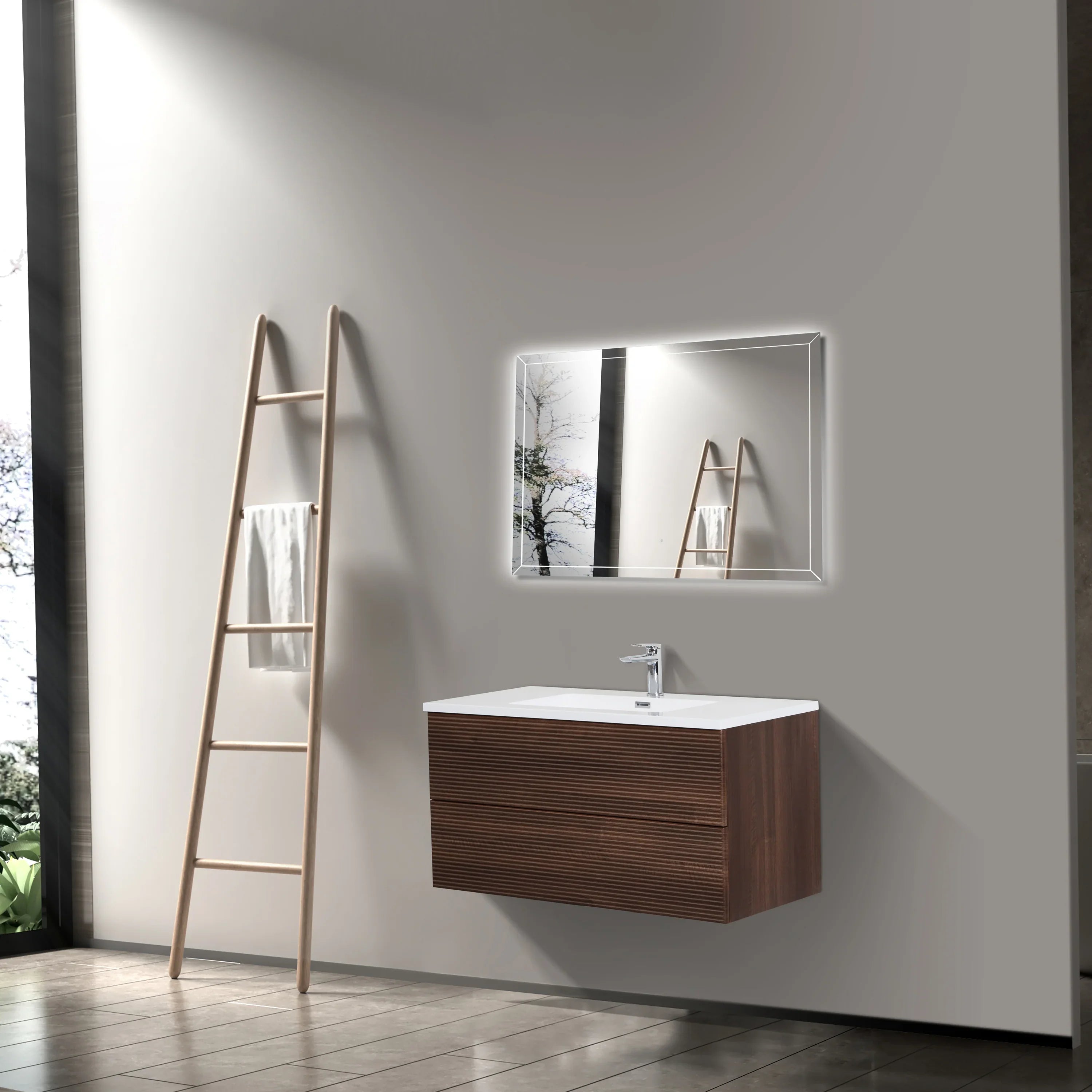 40" Walnut Wall Mount Bathroom Vanity with White Polymarble Countertop-Migration_Bathroom Vanities-DECOROLALA