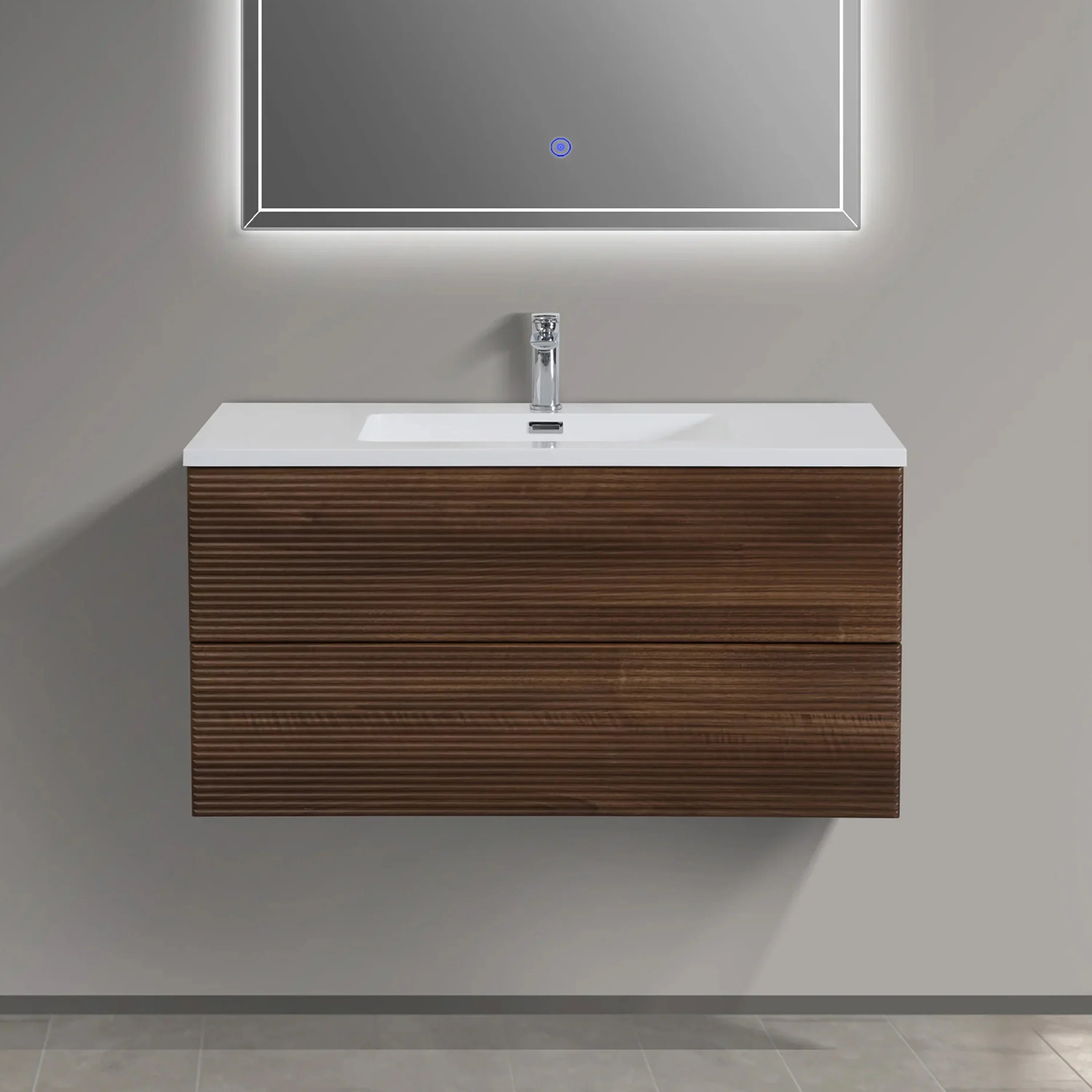 40" Walnut Wall Mount Bathroom Vanity with White Polymarble Countertop-Migration_Bathroom Vanities-DECOROLALA