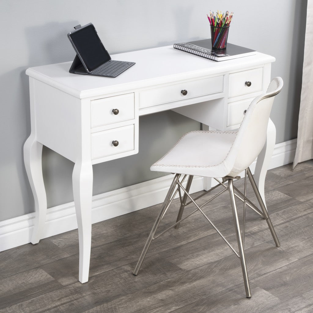 40" White Acacia Wood Writing Desk With Five Drawers-Desks-DECOROLALA