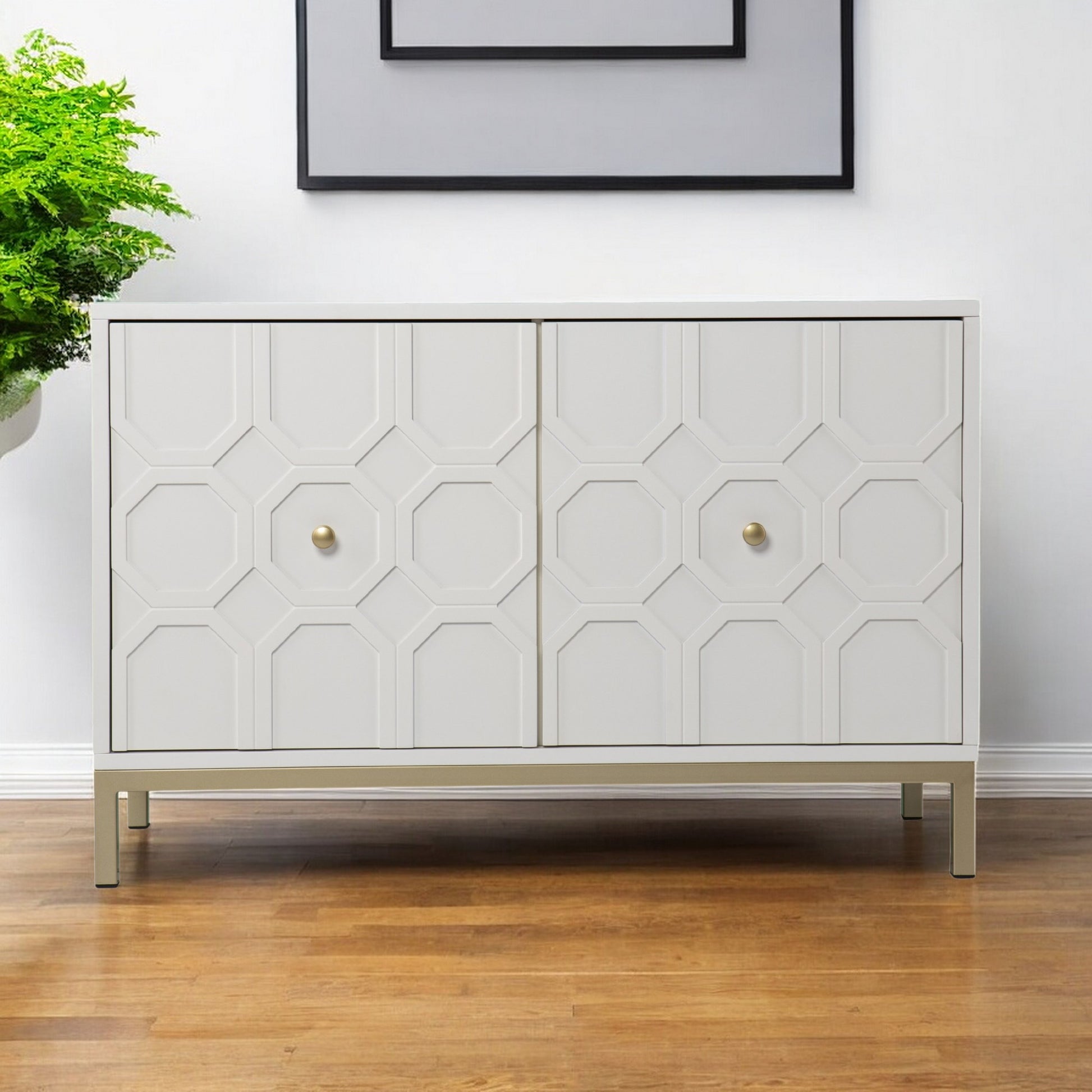 40" White Carved Geometric Sideboard with Two Doors-Sideboards-DECOROLALA