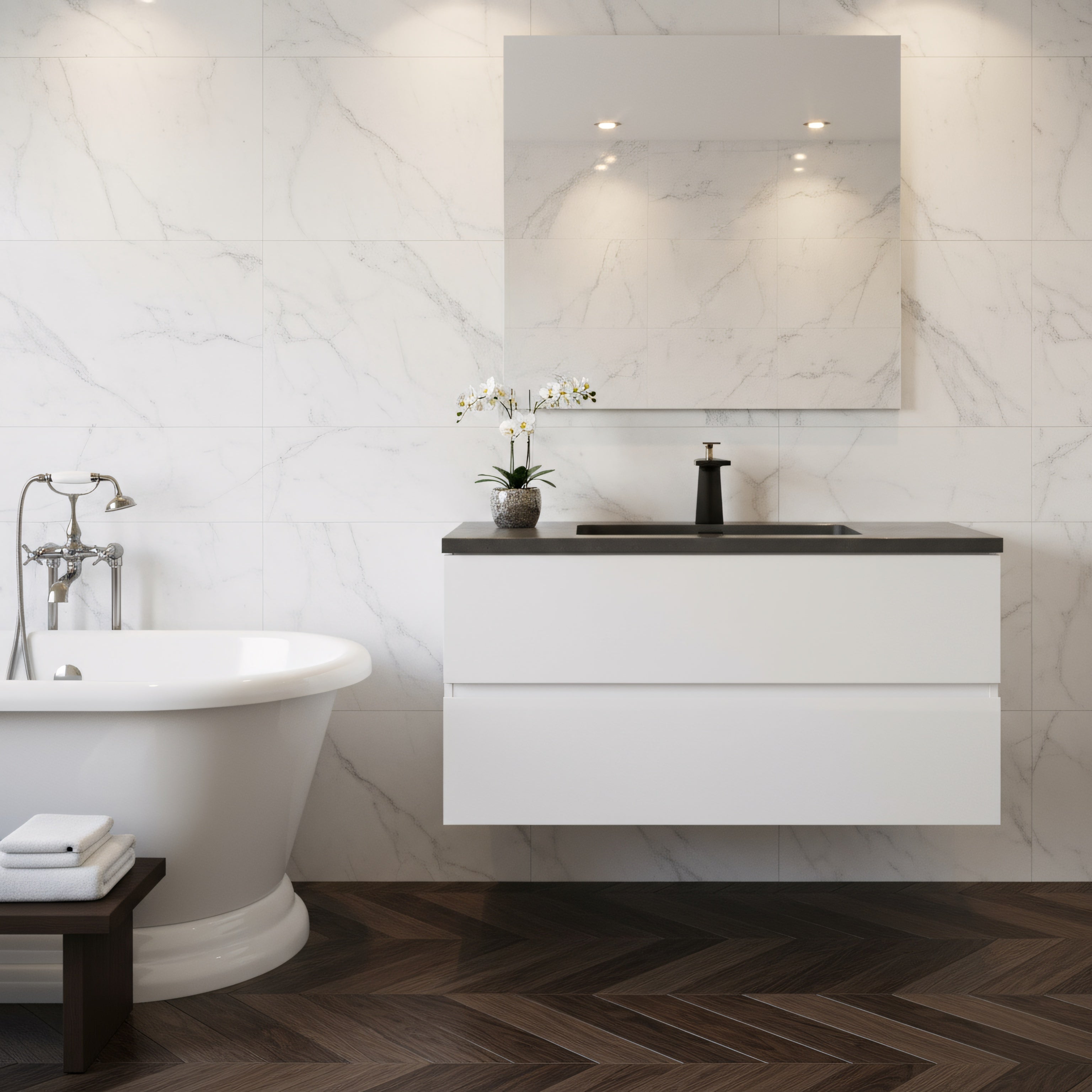 40" White Wall Mount Bathroom Vanity with Black Engineered Quartz Countertop-Migration_Bathroom Vanities-DECOROLALA