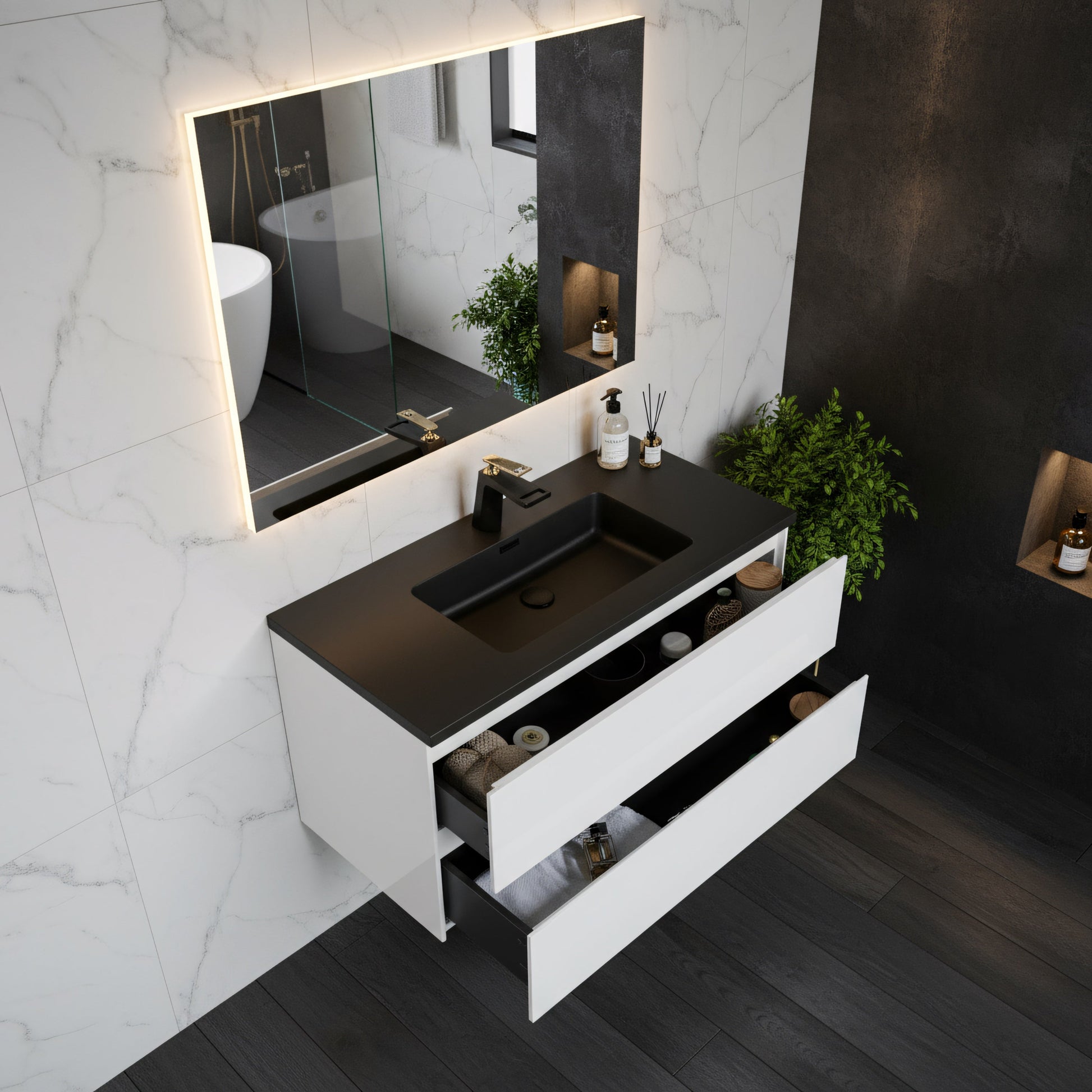40" White Wall Mount Bathroom Vanity with Black Engineered Quartz Countertop-Migration_Bathroom Vanities-DECOROLALA