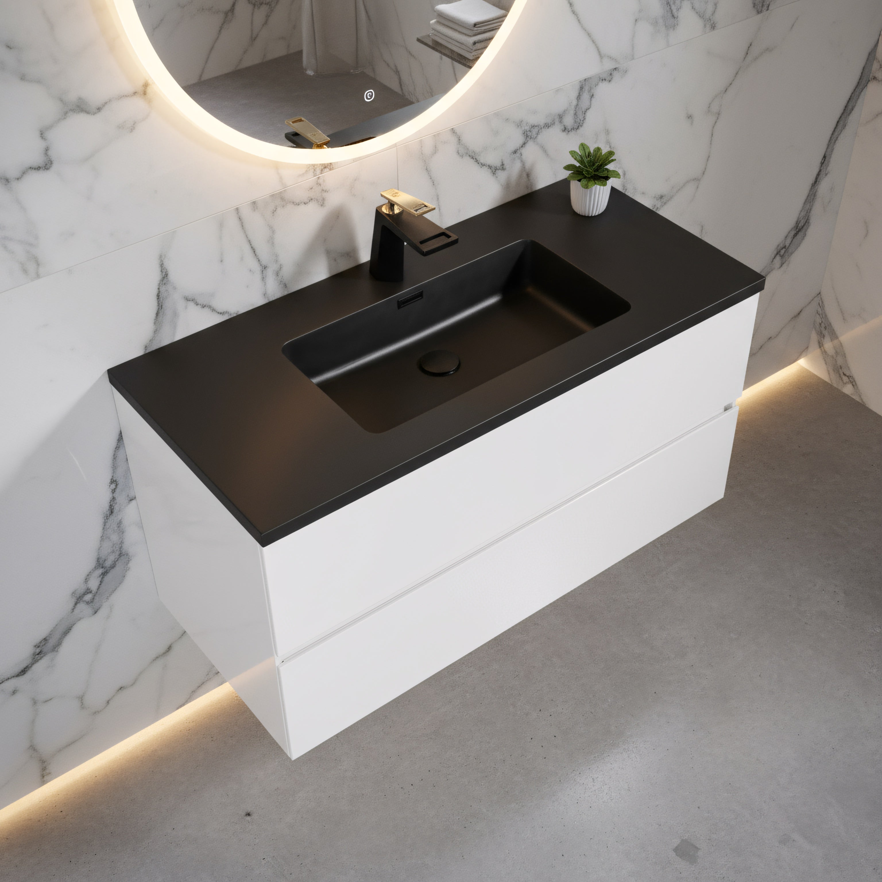 40" White Wall Mount Bathroom Vanity with Black Engineered Quartz Countertop-Migration_Bathroom Vanities-DECOROLALA