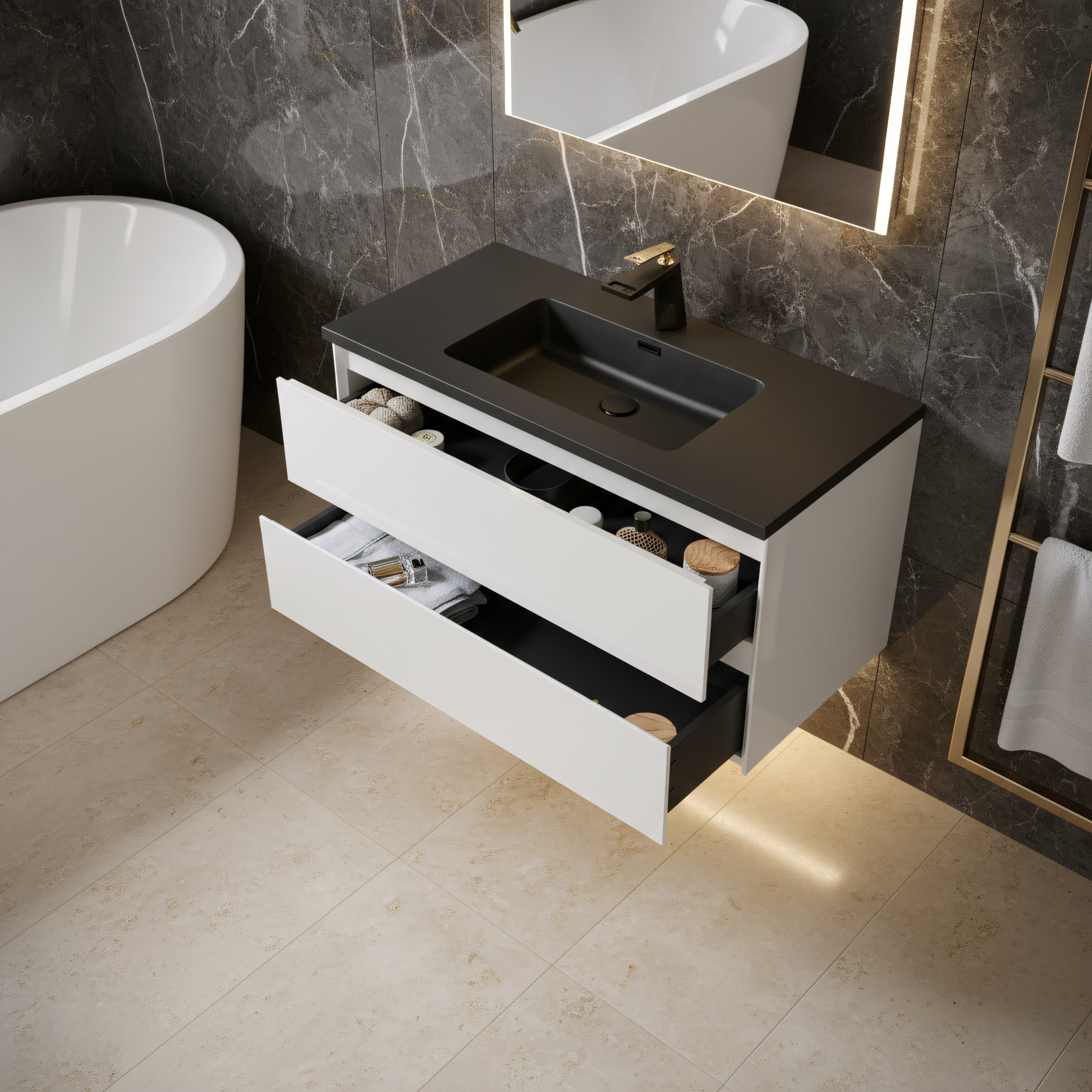 40" White Wall Mount Bathroom Vanity with Black Engineered Quartz Countertop-Migration_Bathroom Vanities-DECOROLALA