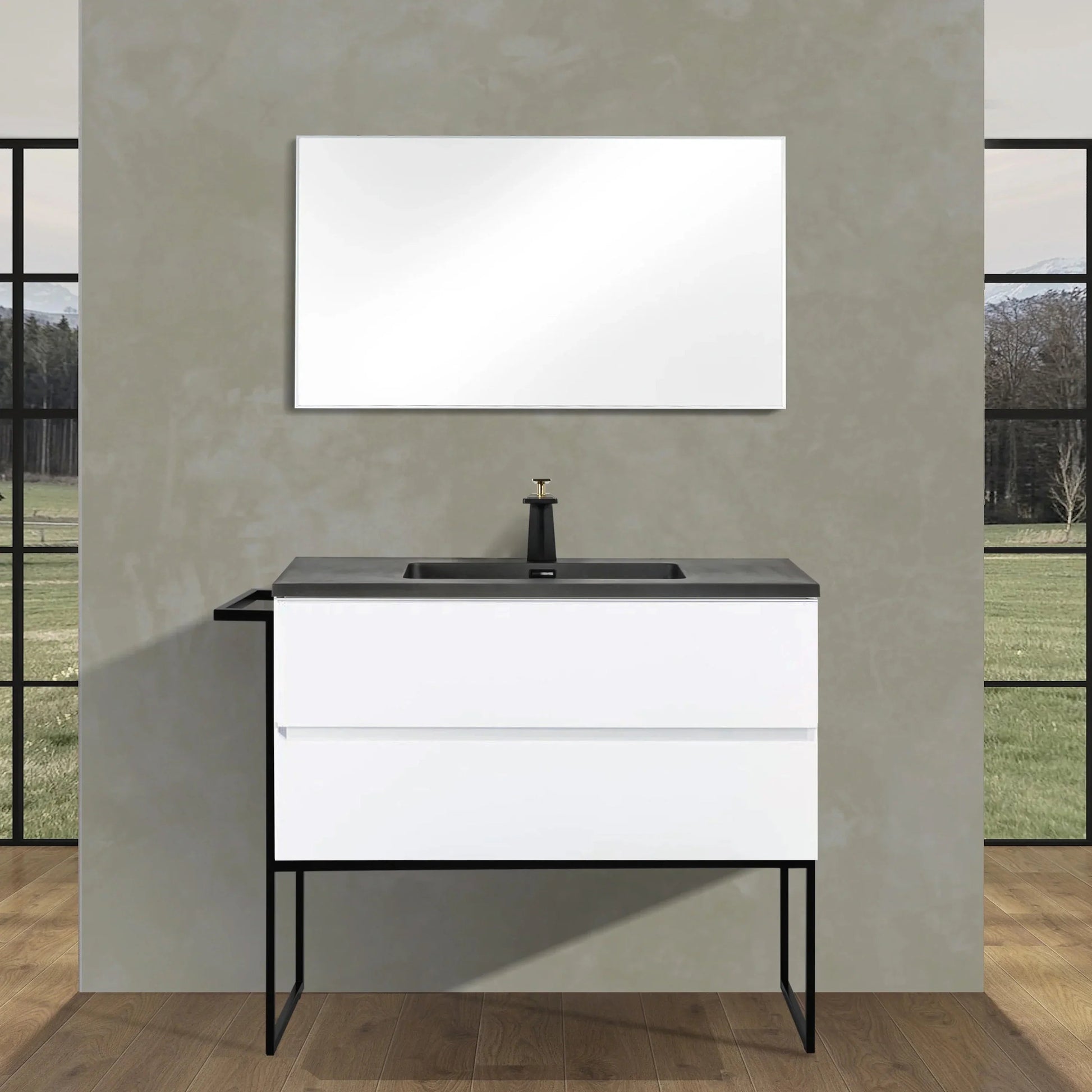 40" White Wall Mount Bathroom Vanity with Black Engineered Quartz Countertop-Migration_Bathroom Vanities-DECOROLALA