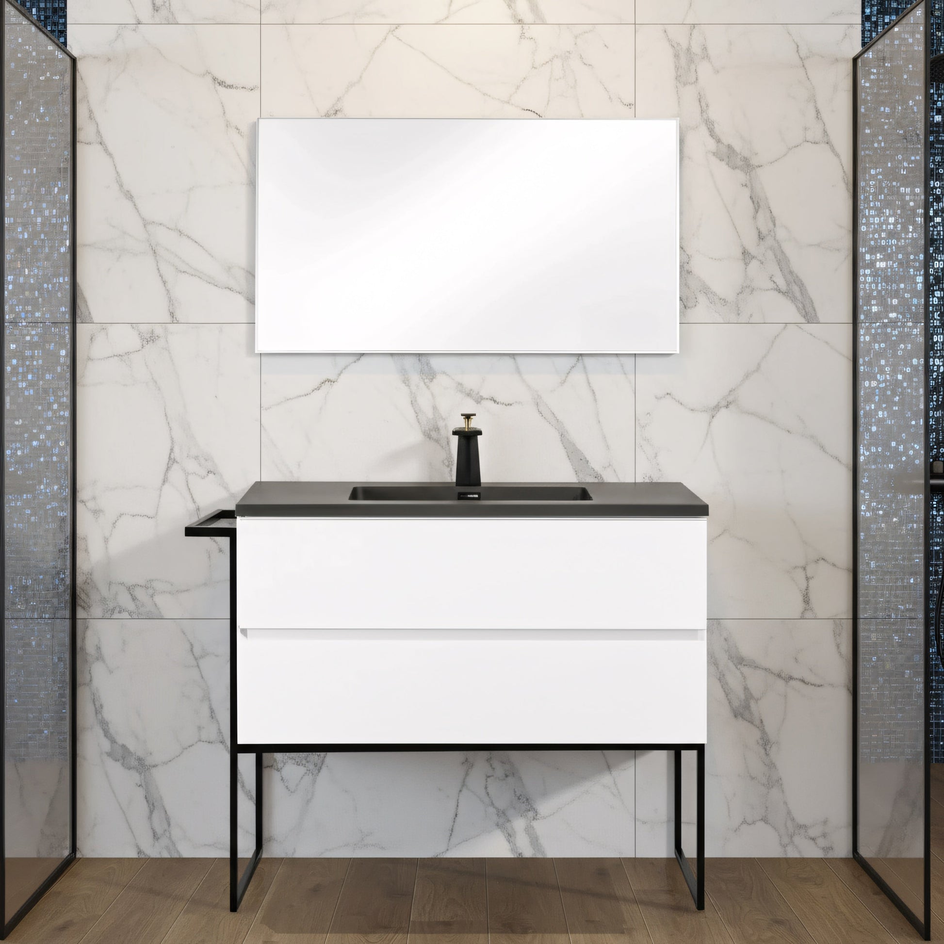 40" White Wall Mount Bathroom Vanity with Black Engineered Quartz Countertop-Migration_Bathroom Vanities-DECOROLALA