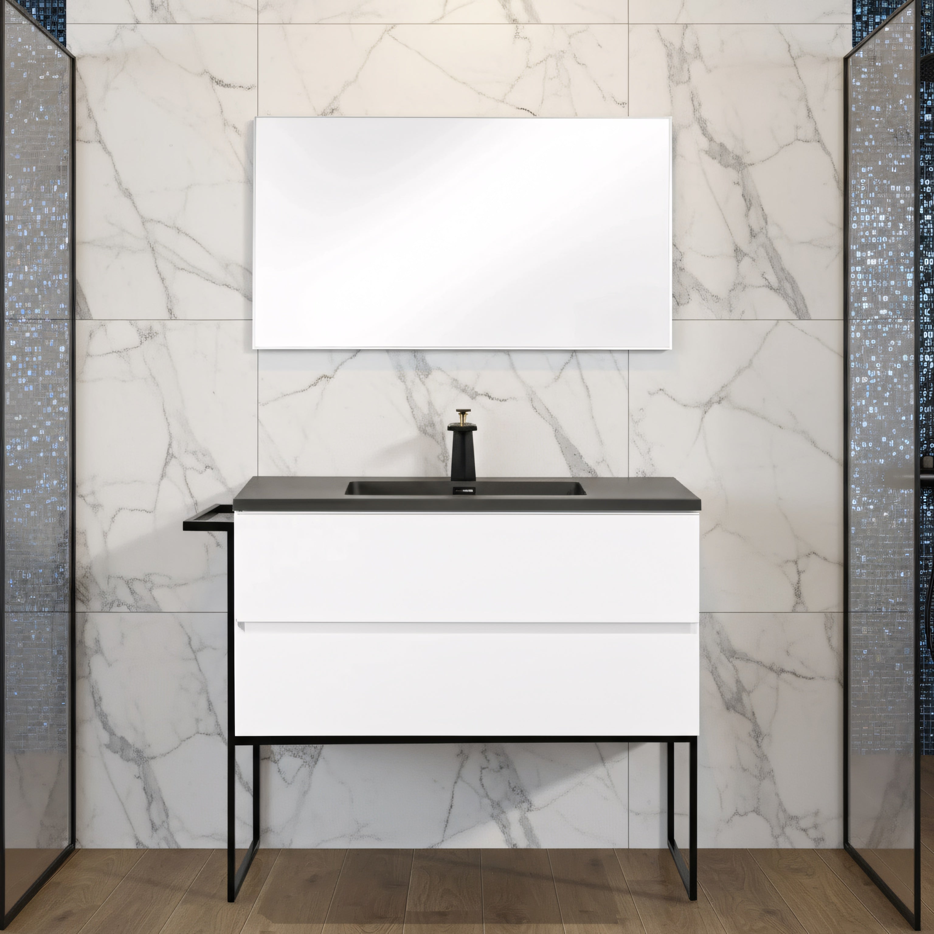 40" White Wall Mount Bathroom Vanity with Black Engineered Quartz Countertop-Migration_Bathroom Vanities-DECOROLALA