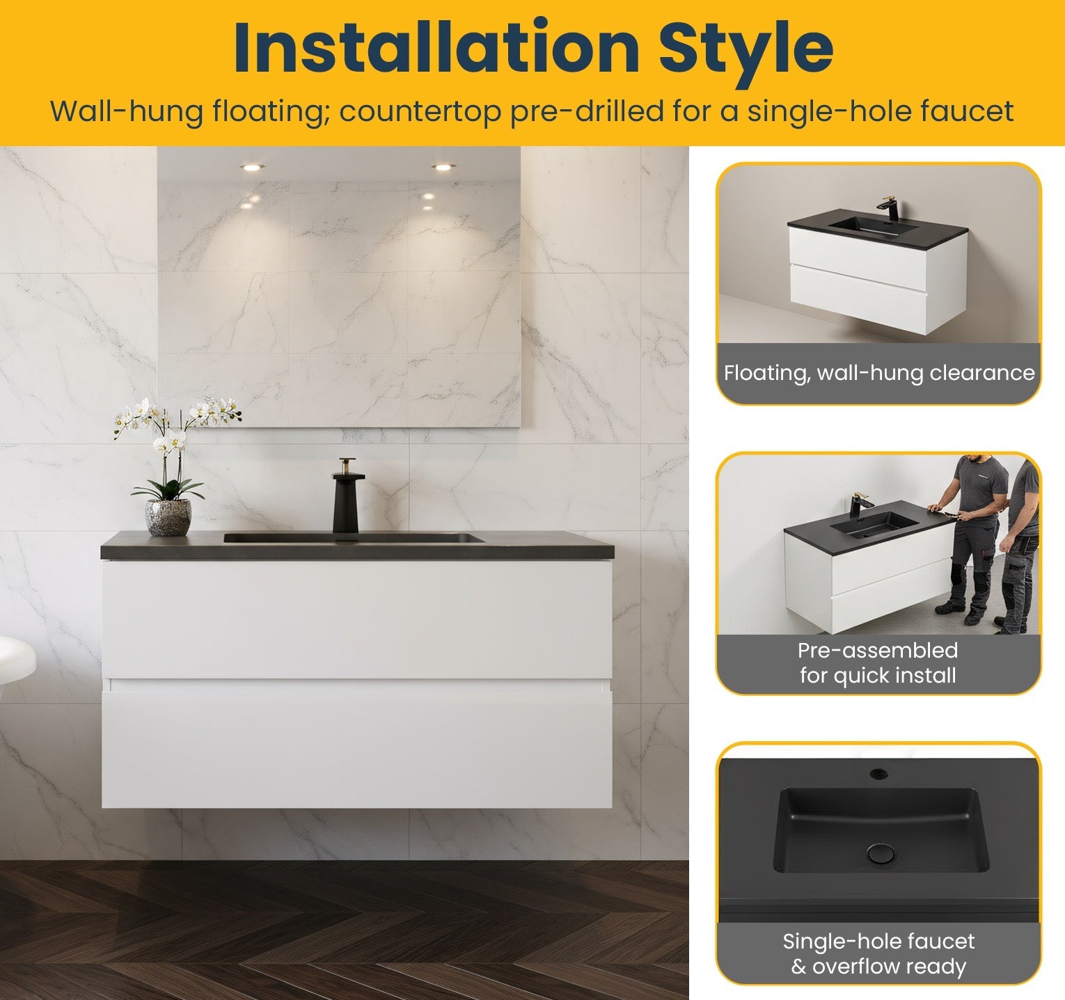 40" White Wall Mount Bathroom Vanity with Black Engineered Quartz Countertop-Migration_Bathroom Vanities-DECOROLALA