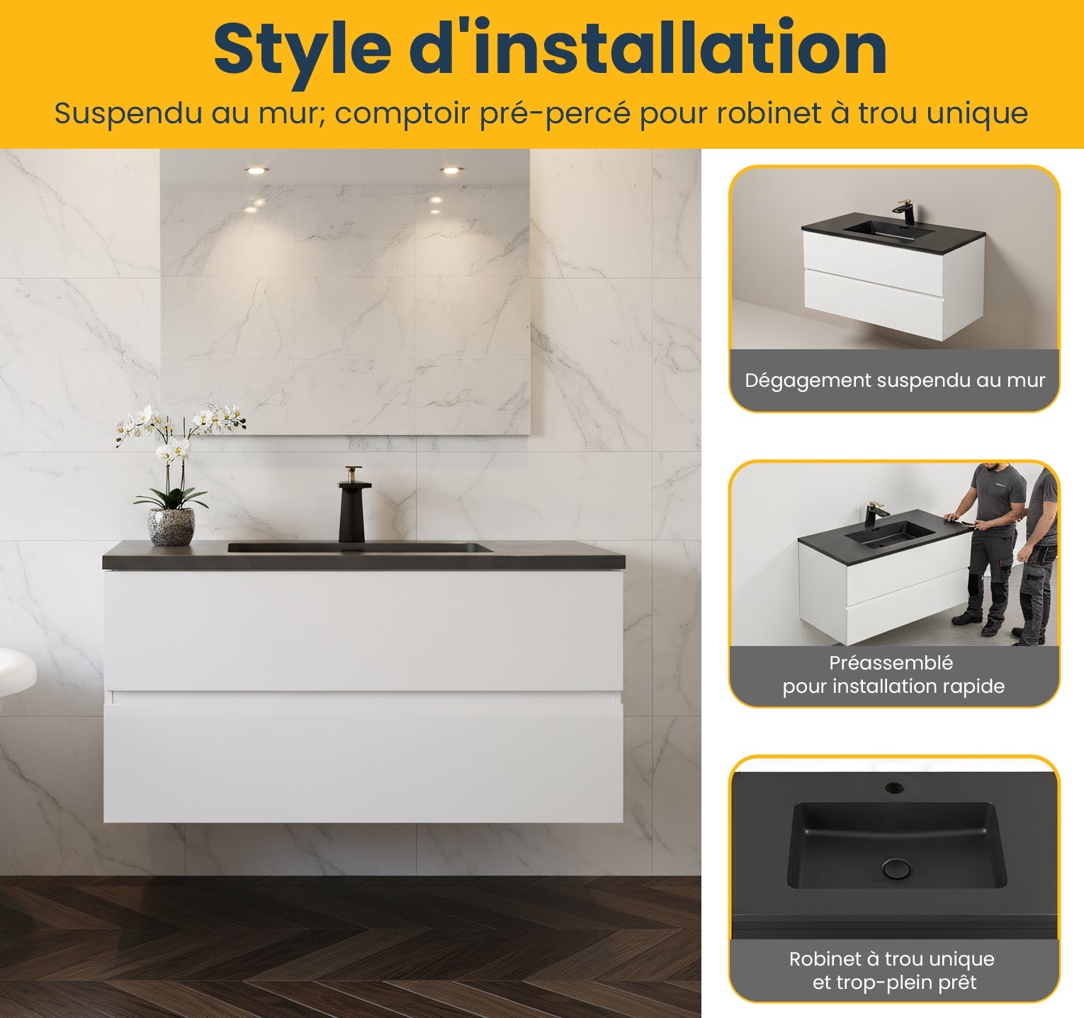 40" White Wall Mount Bathroom Vanity with Black Engineered Quartz Countertop-Migration_Bathroom Vanities-DECOROLALA