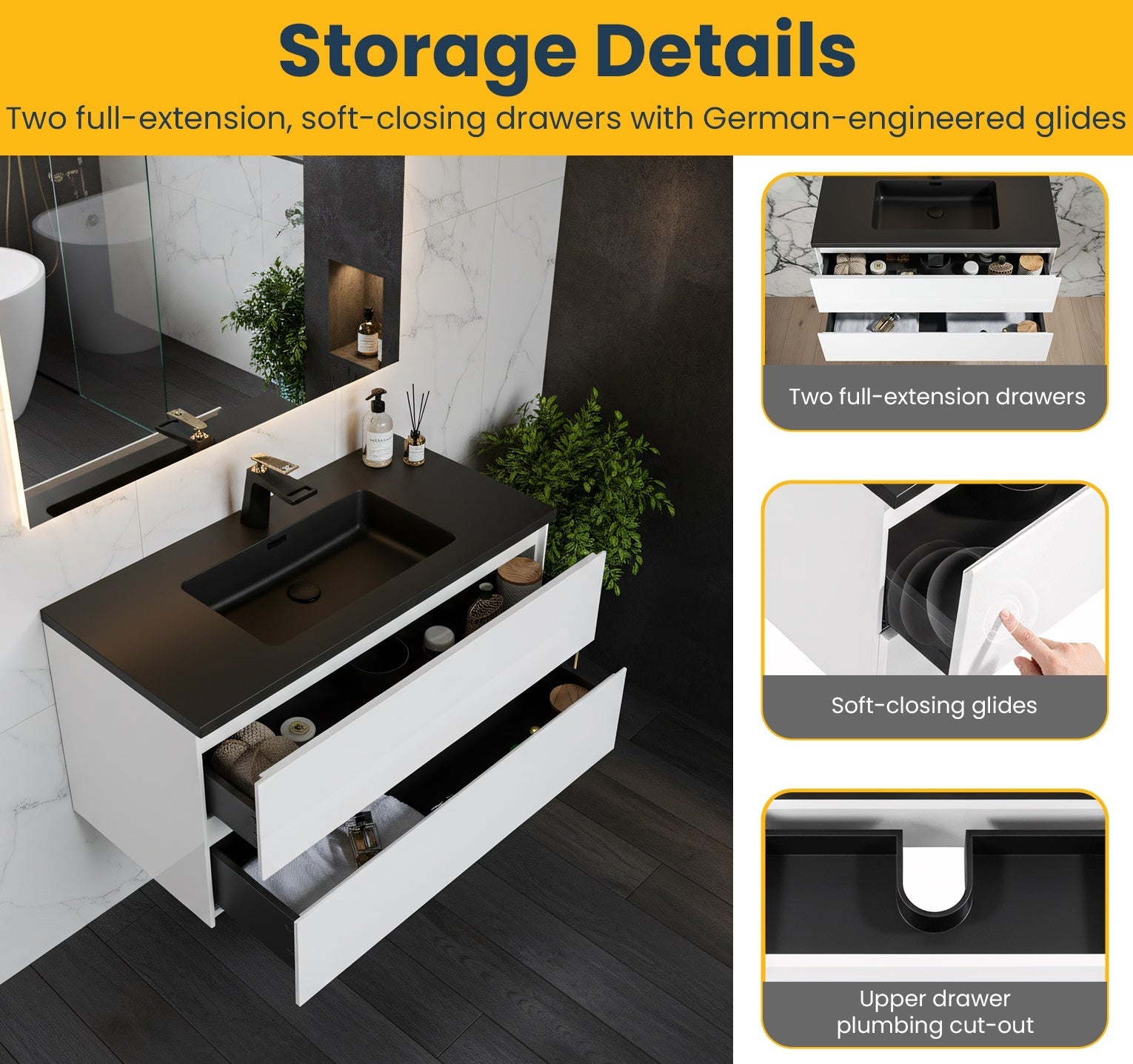 40" White Wall Mount Bathroom Vanity with Black Engineered Quartz Countertop-Migration_Bathroom Vanities-DECOROLALA