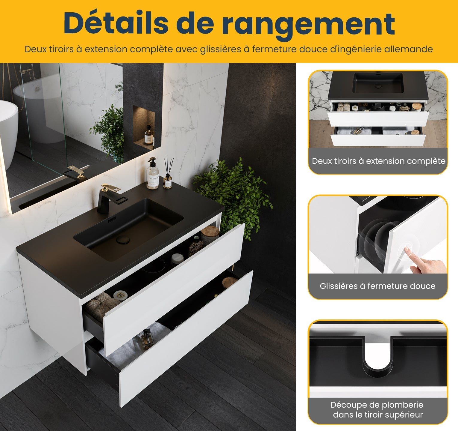 40" White Wall Mount Bathroom Vanity with Black Engineered Quartz Countertop-Migration_Bathroom Vanities-DECOROLALA