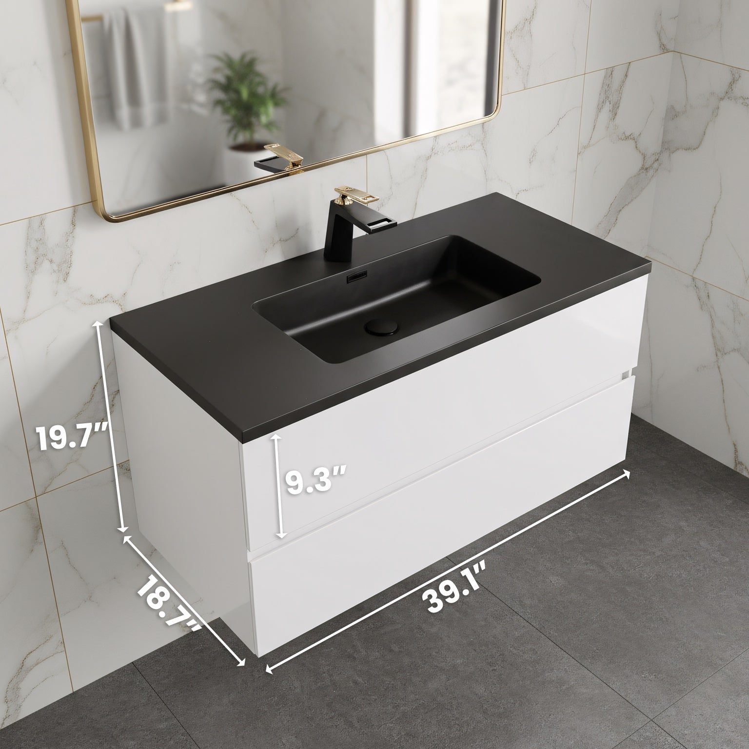 40" White Wall Mount Bathroom Vanity with Black Engineered Quartz Countertop-Migration_Bathroom Vanities-DECOROLALA