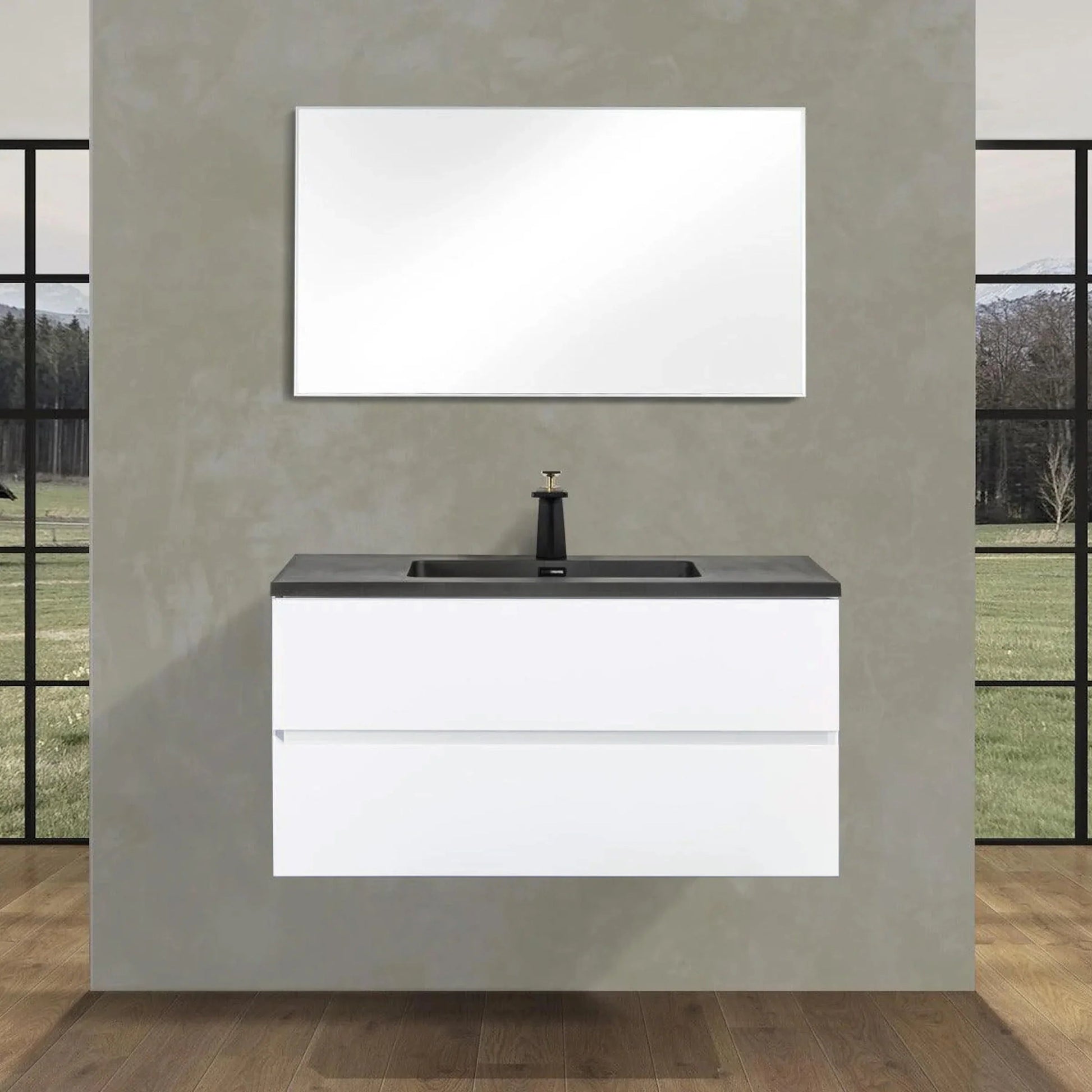 40" White Wall Mount Bathroom Vanity with Black Engineered Quartz Countertop-Migration_Bathroom Vanities-DECOROLALA