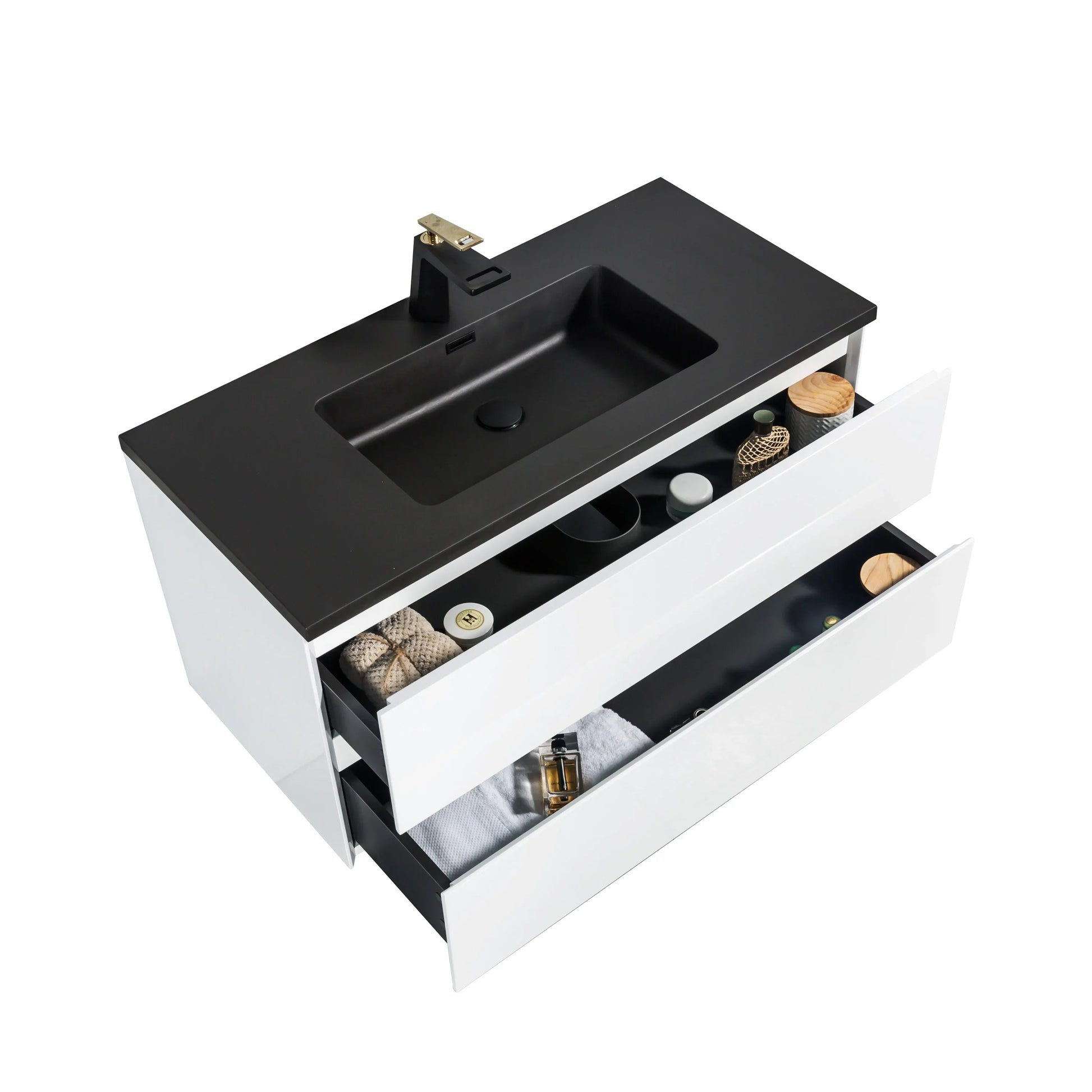 40" White Wall Mount Bathroom Vanity with Black Engineered Quartz Countertop-Migration_Bathroom Vanities-DECOROLALA