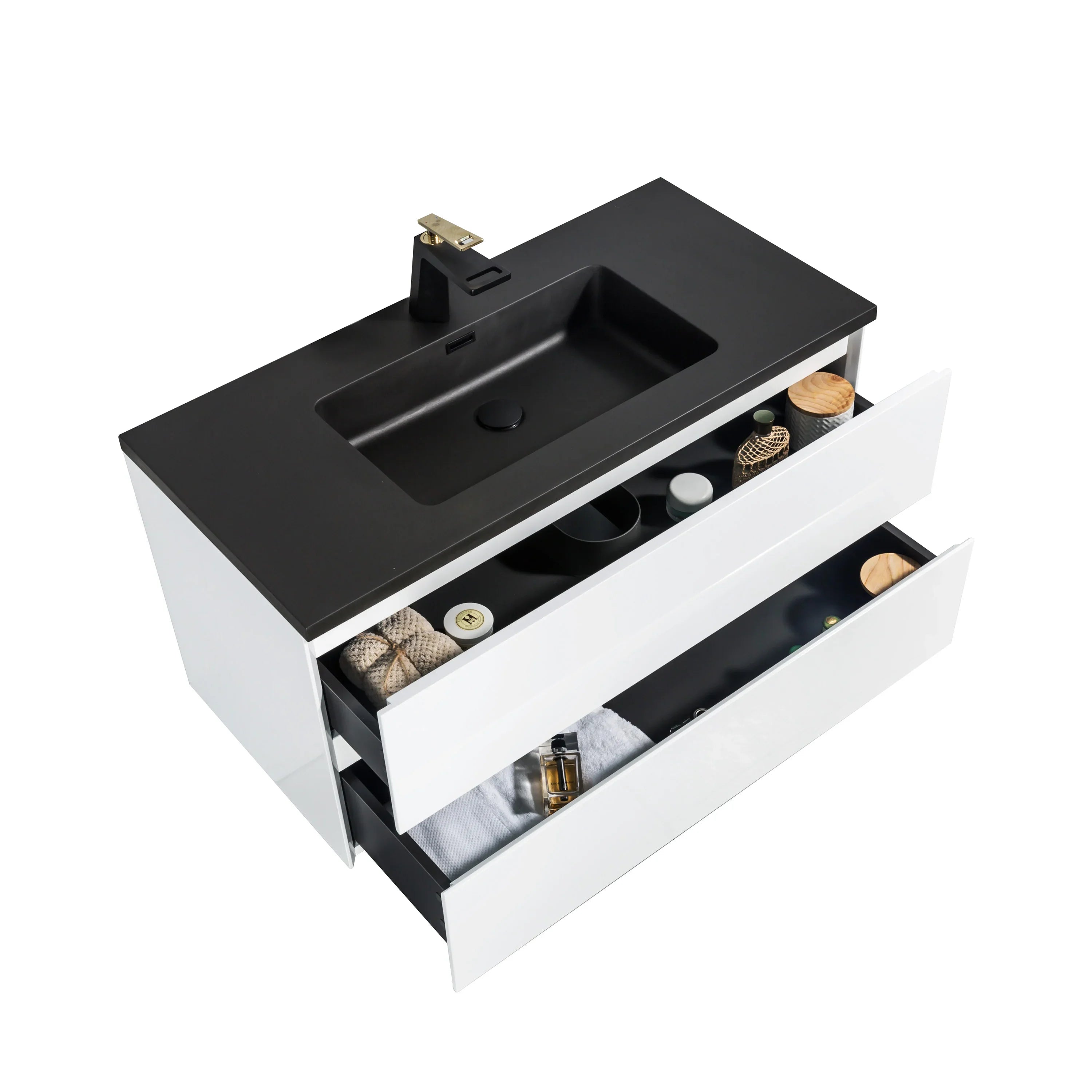 40" White Wall Mount Bathroom Vanity with Black Engineered Quartz Countertop-Migration_Bathroom Vanities-DECOROLALA