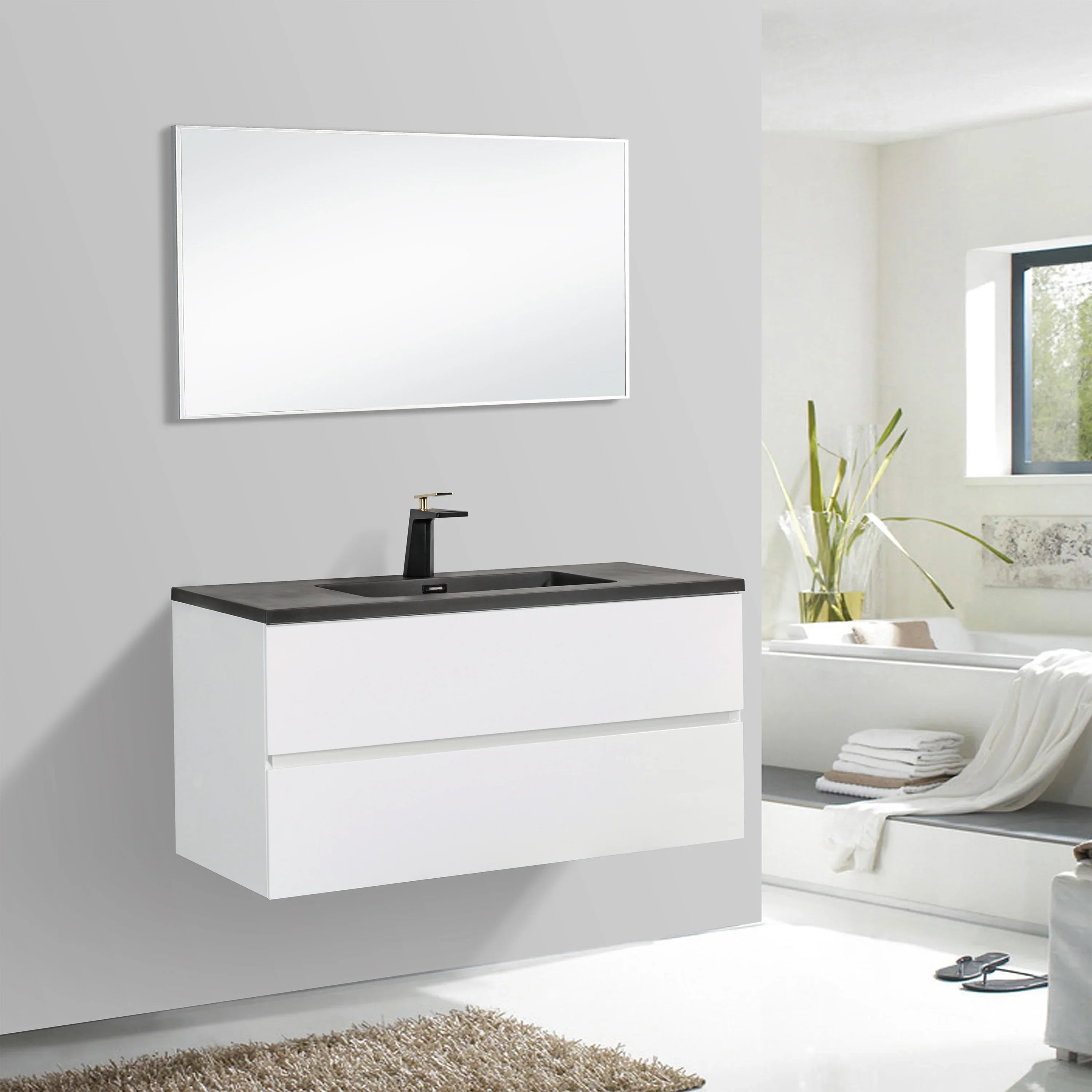 40" White Wall Mount Bathroom Vanity with Black Engineered Quartz Countertop-Migration_Bathroom Vanities-DECOROLALA