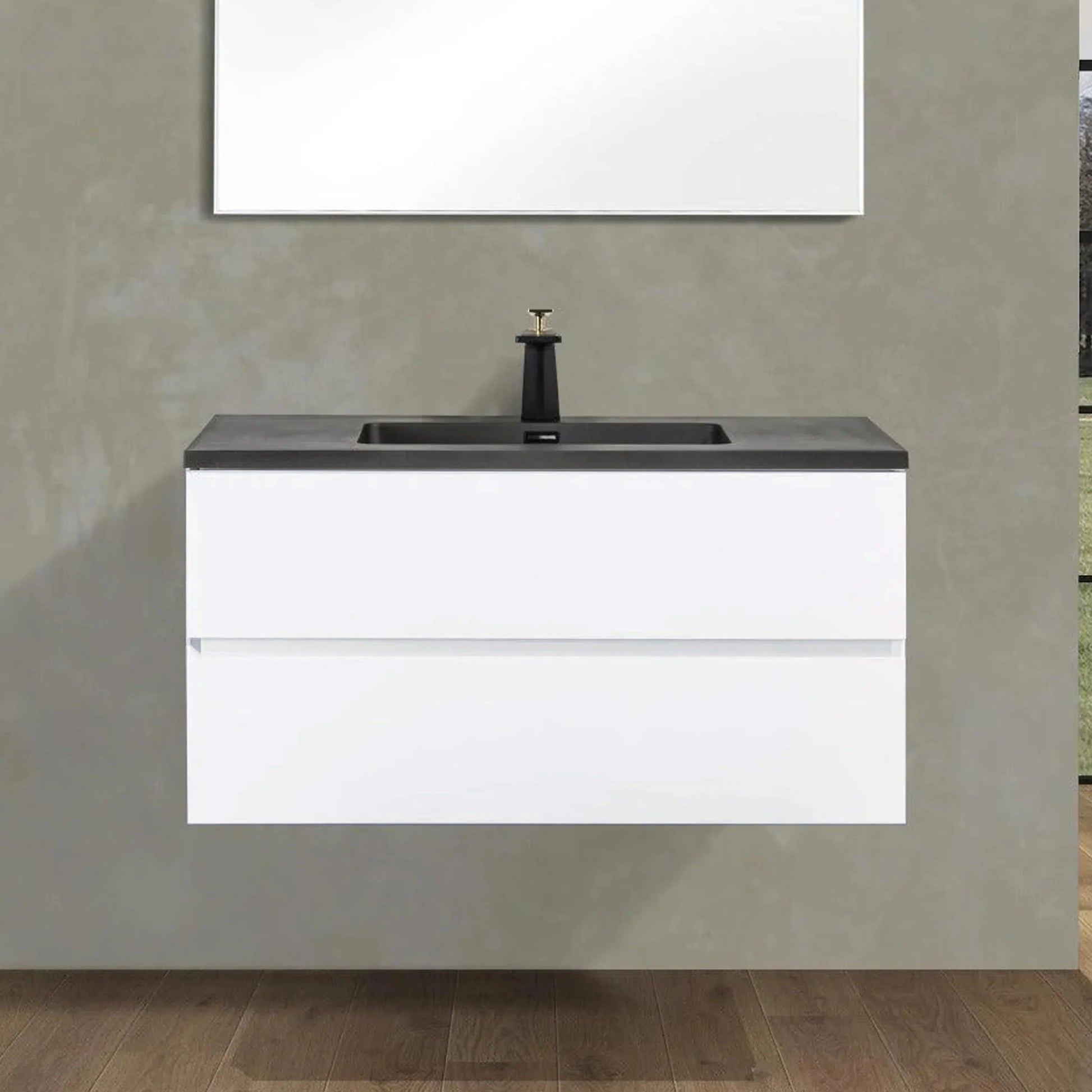 40" White Wall Mount Bathroom Vanity with Black Engineered Quartz Countertop-Migration_Bathroom Vanities-DECOROLALA