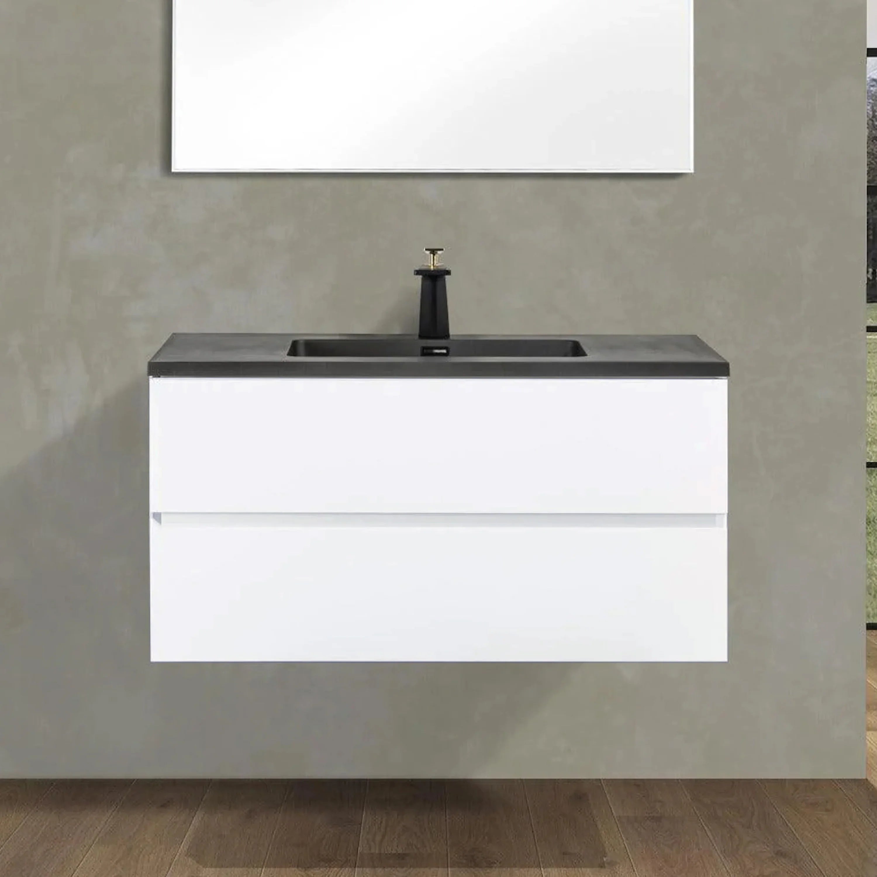 40" White Wall Mount Bathroom Vanity with Black Engineered Quartz Countertop-Migration_Bathroom Vanities-DECOROLALA