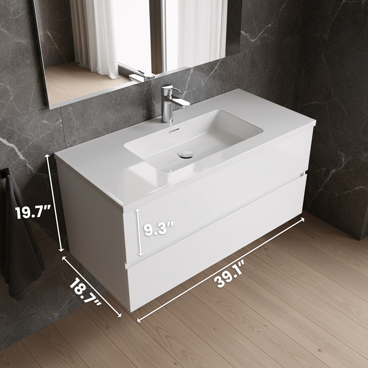 40" White Wall Mount Bathroom Vanity with White Polymarble Countertop-Migration_Bathroom Vanities-DECOROLALA