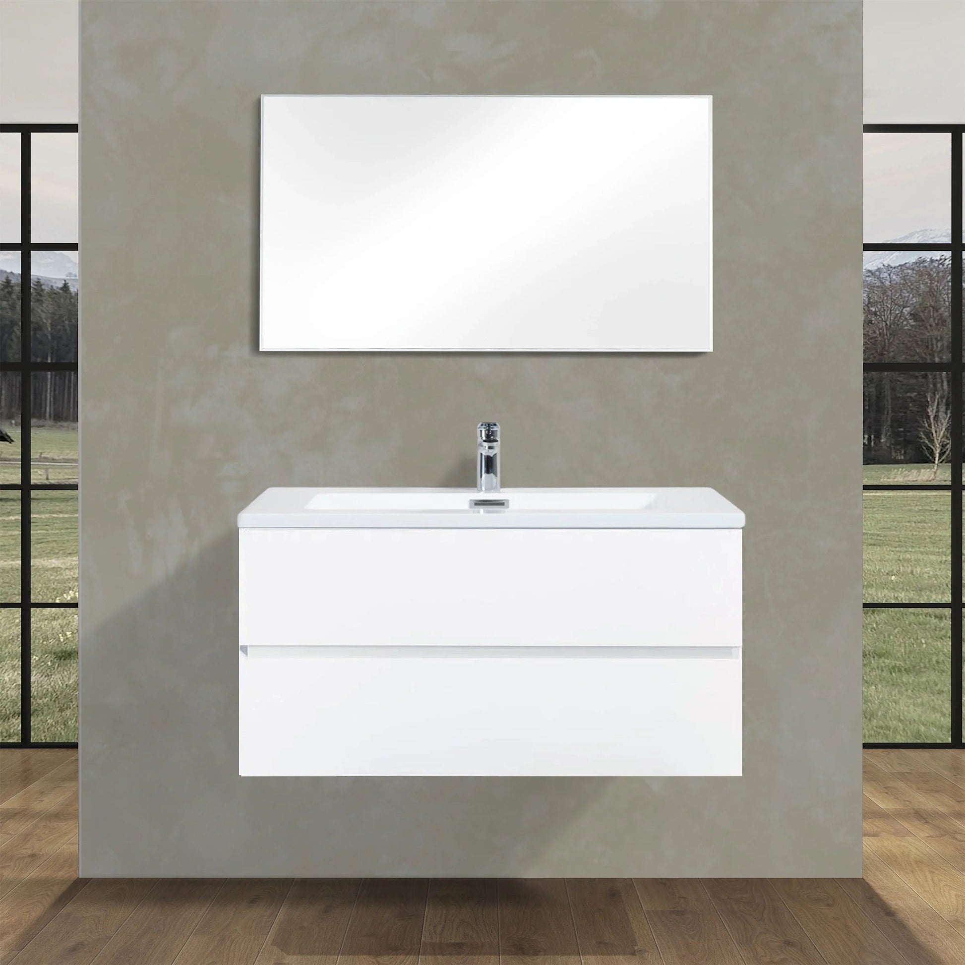 40" White Wall Mount Bathroom Vanity with White Polymarble Countertop-Migration_Bathroom Vanities-DECOROLALA