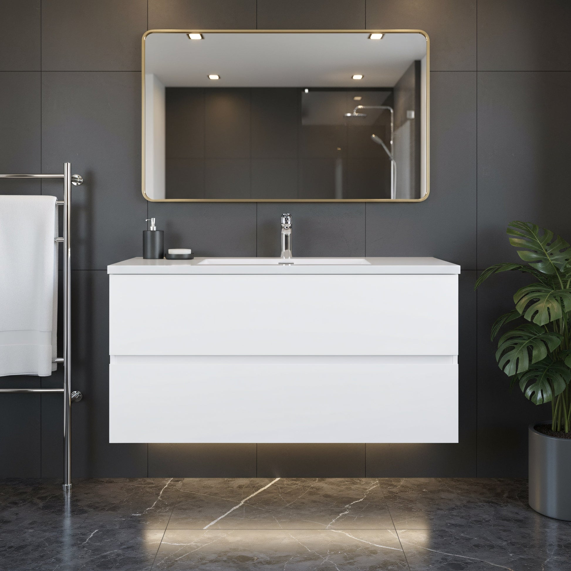40" White Wall Mount Bathroom Vanity with White Polymarble Countertop-Migration_Bathroom Vanities-DECOROLALA