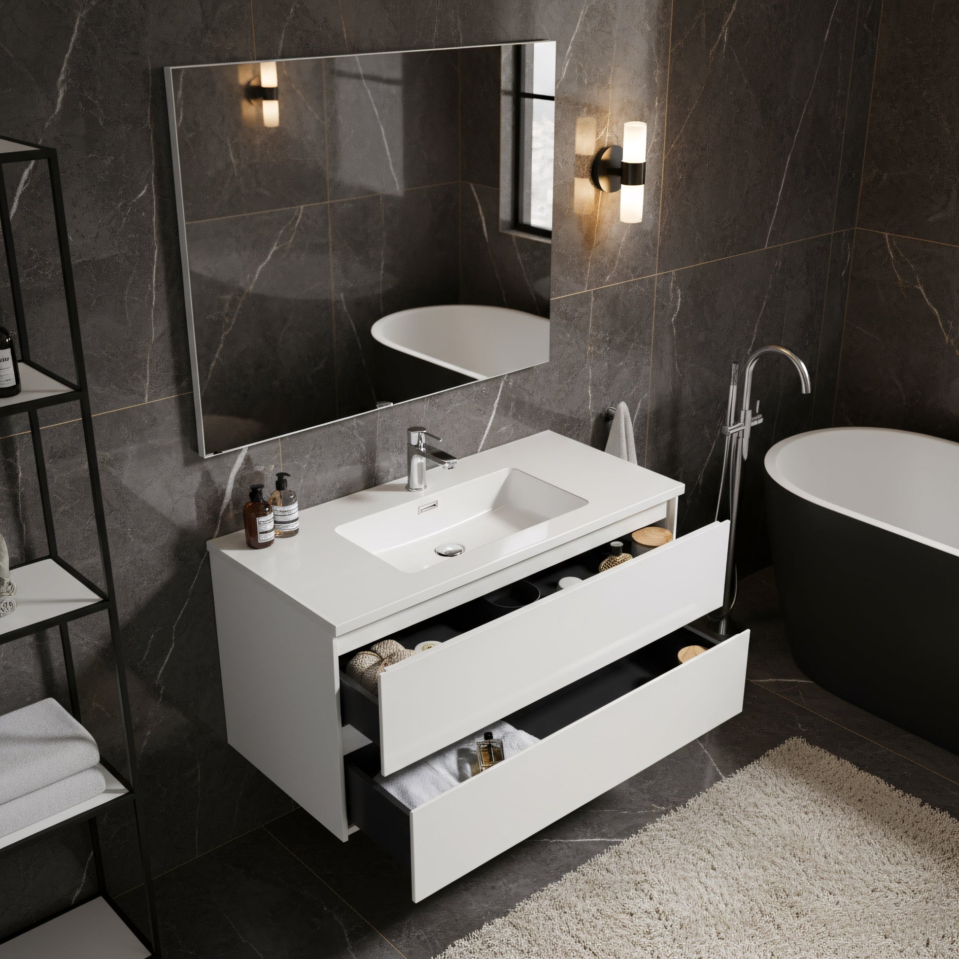 40" White Wall Mount Bathroom Vanity with White Polymarble Countertop-Migration_Bathroom Vanities-DECOROLALA