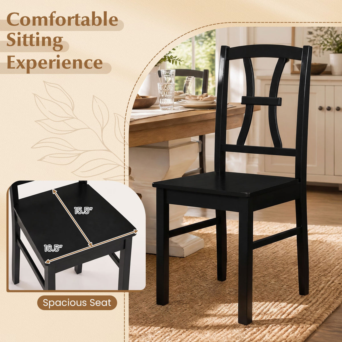 400 lbs Capacity Dining Chair Set of 2 with Cross Backrest and Rubber Wood Frame-Black-Dining Chairs-DECOROLALA