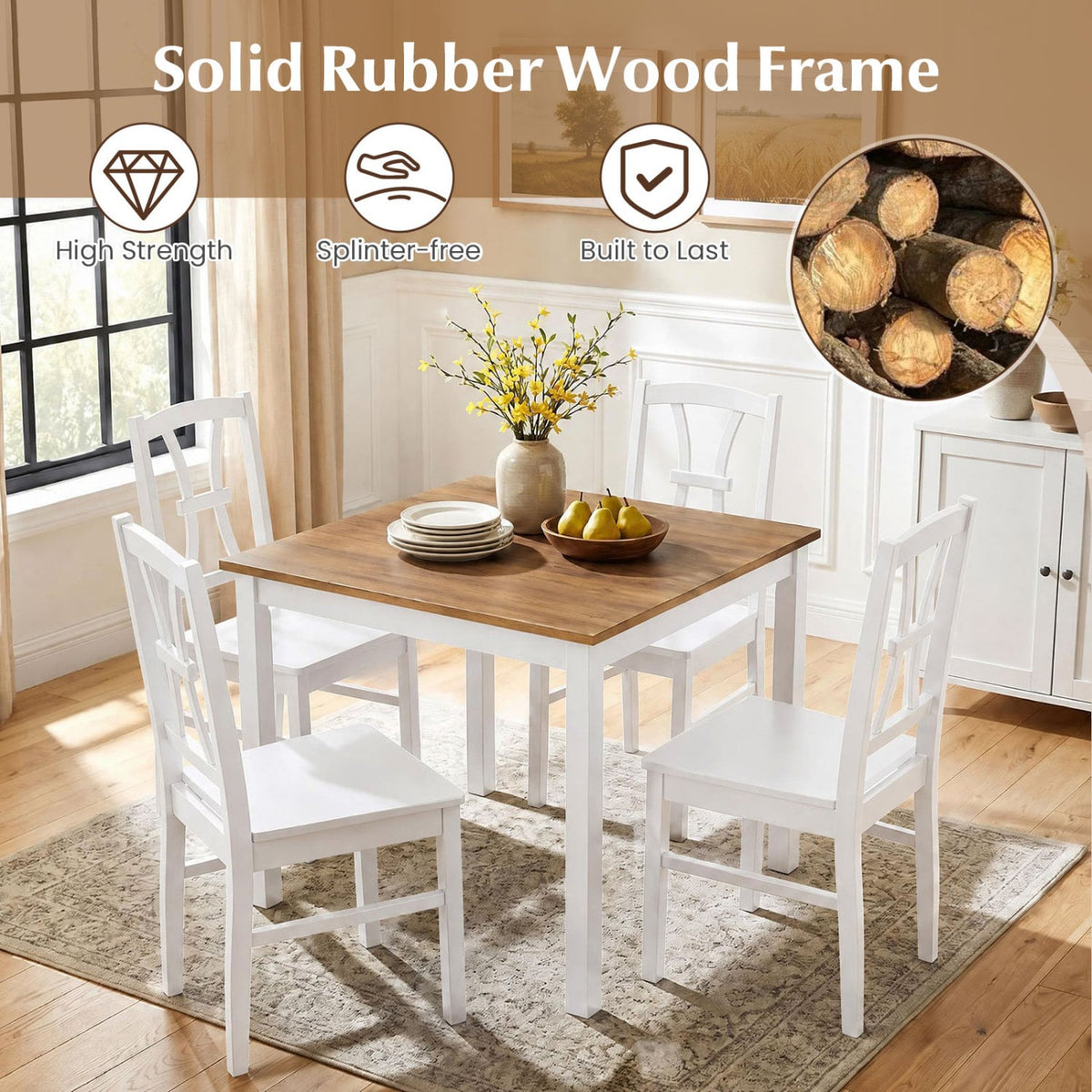 400 lbs Capacity Dining Chair Set of 2 with Cross Backrest and Rubber Wood Frame-White-Dining Chairs-DECOROLALA